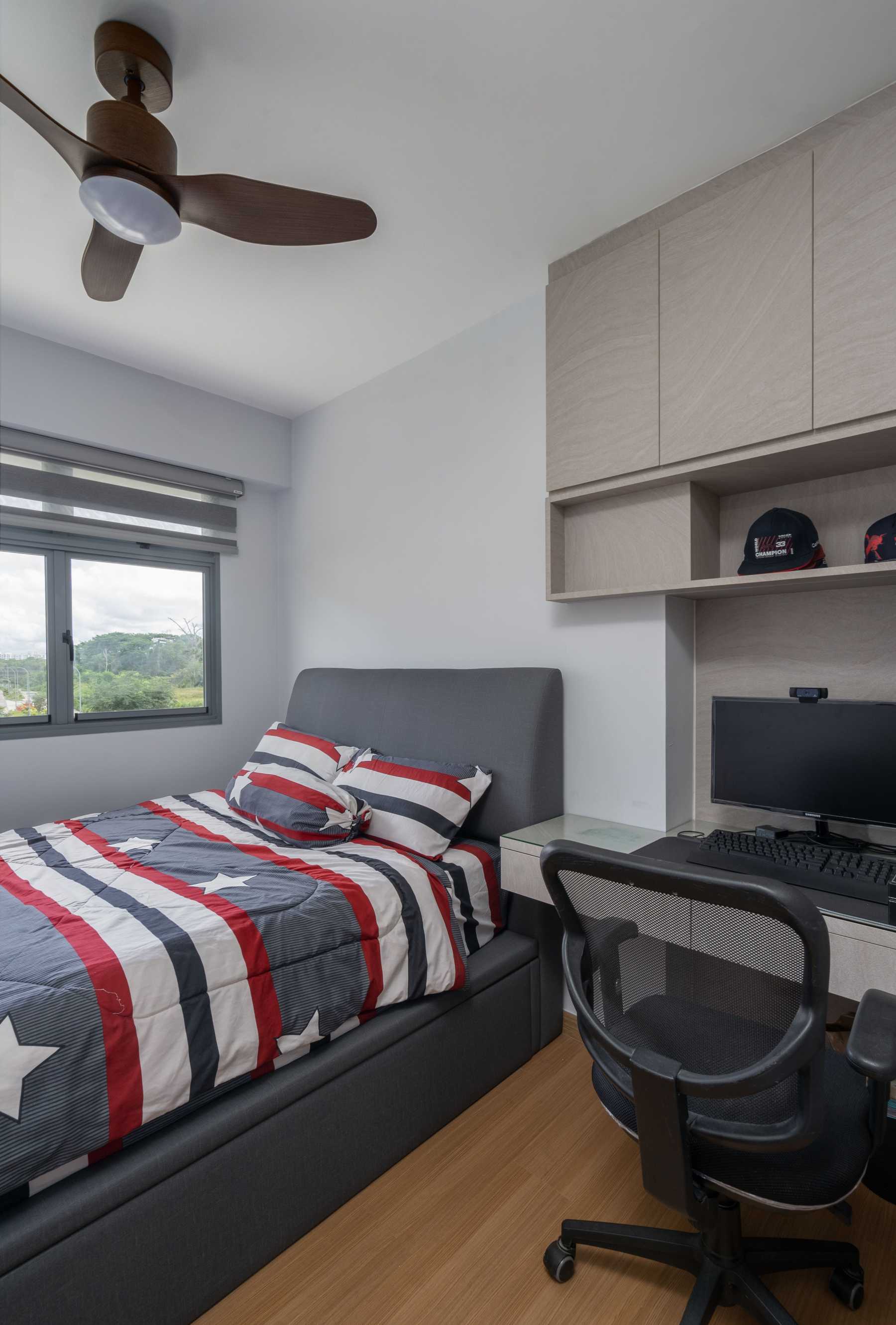 Scandinavian Kids Room with Bookshelf and Platform Bed