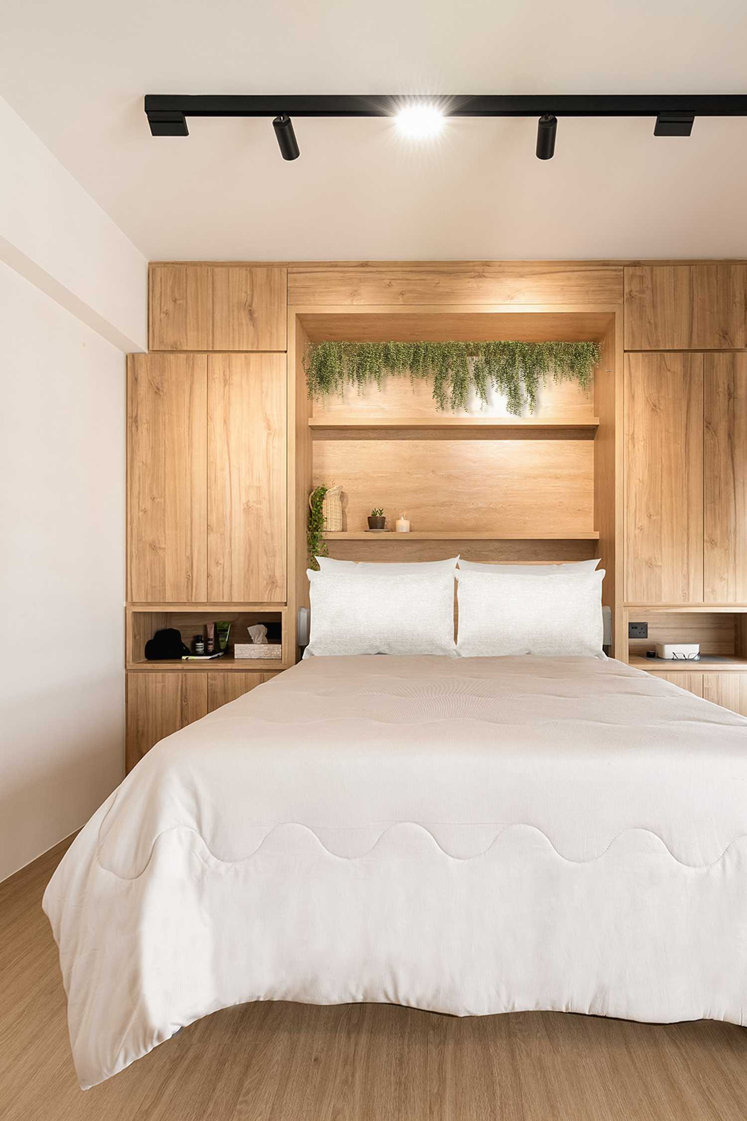 Minimalist Bedroom with Vinyl Flooring and Built-in Bed