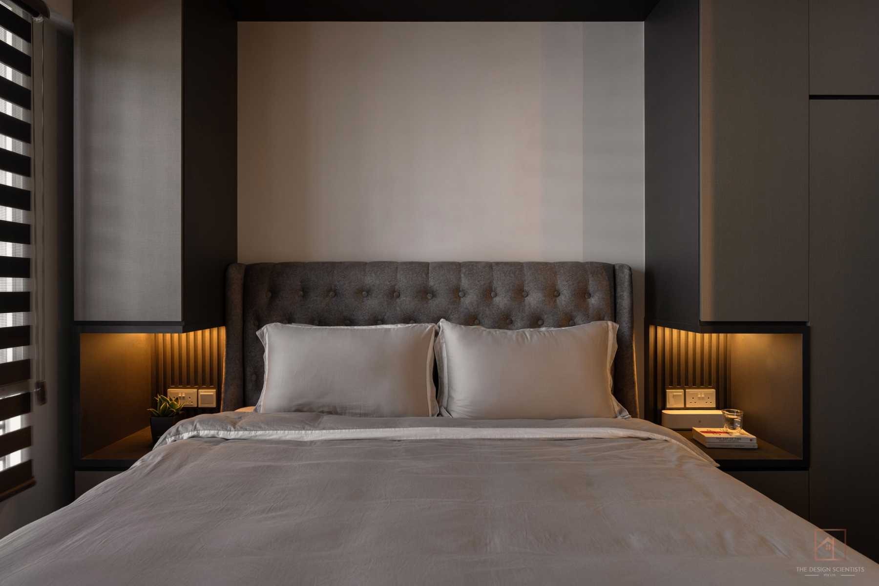 Contemporary Bedroom with Parquet Floor and Downlights