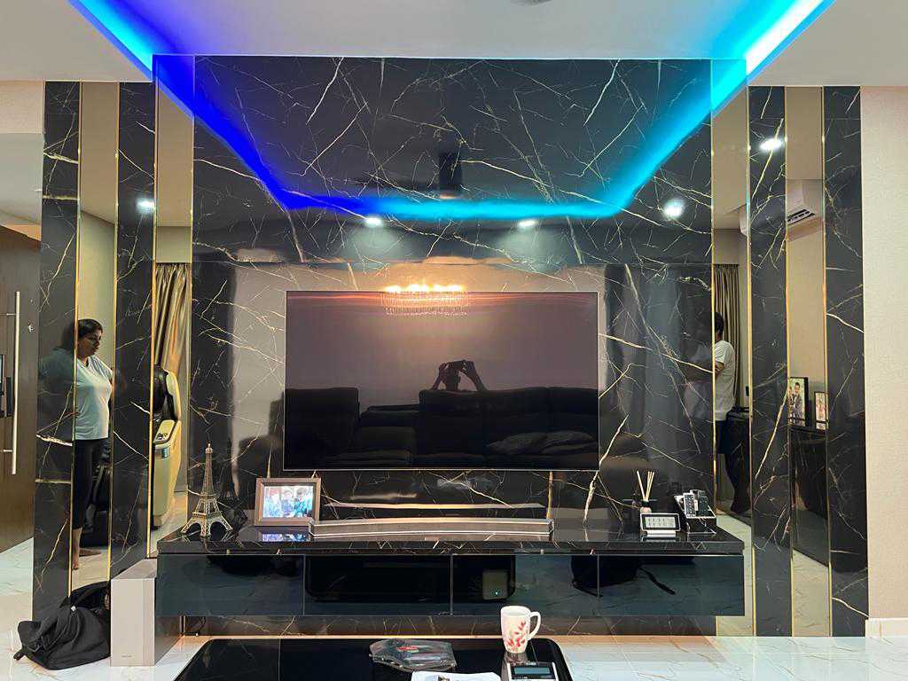 Scandinavian Living Room with Granite Floor and Feature Wall
