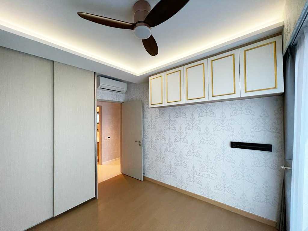 Scandinavian Bedroom with Built-in Bed and Chandelier