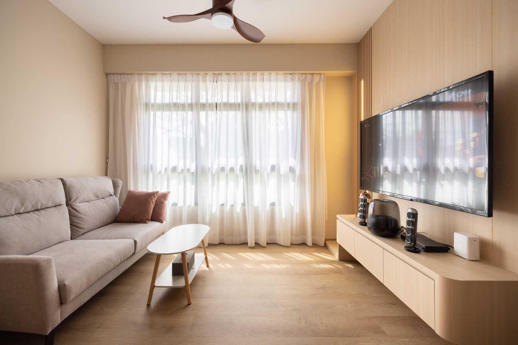 Scandinavian Living Room with Wood Flooring and TV Console