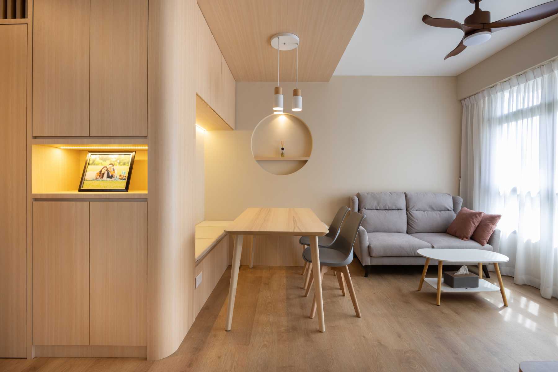 Scandinavian Living Room with Wood Flooring and Feature Wall
