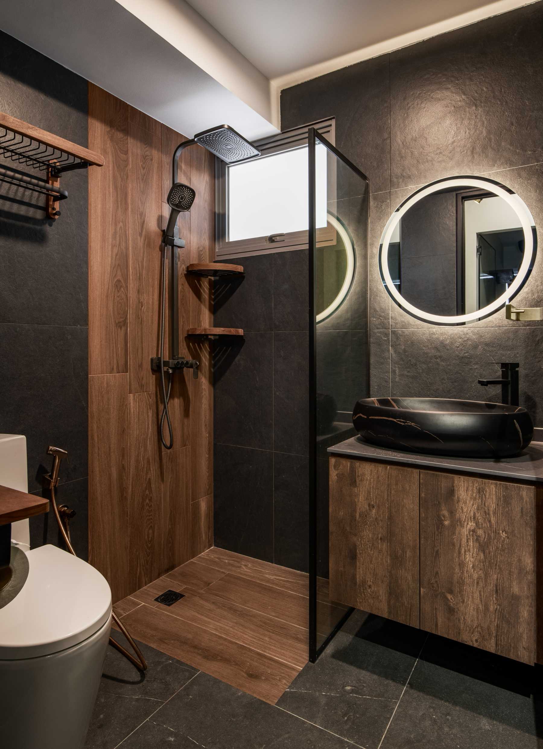 Contemporary Bathroom with Homogeneous Tiles and Wood Flooring