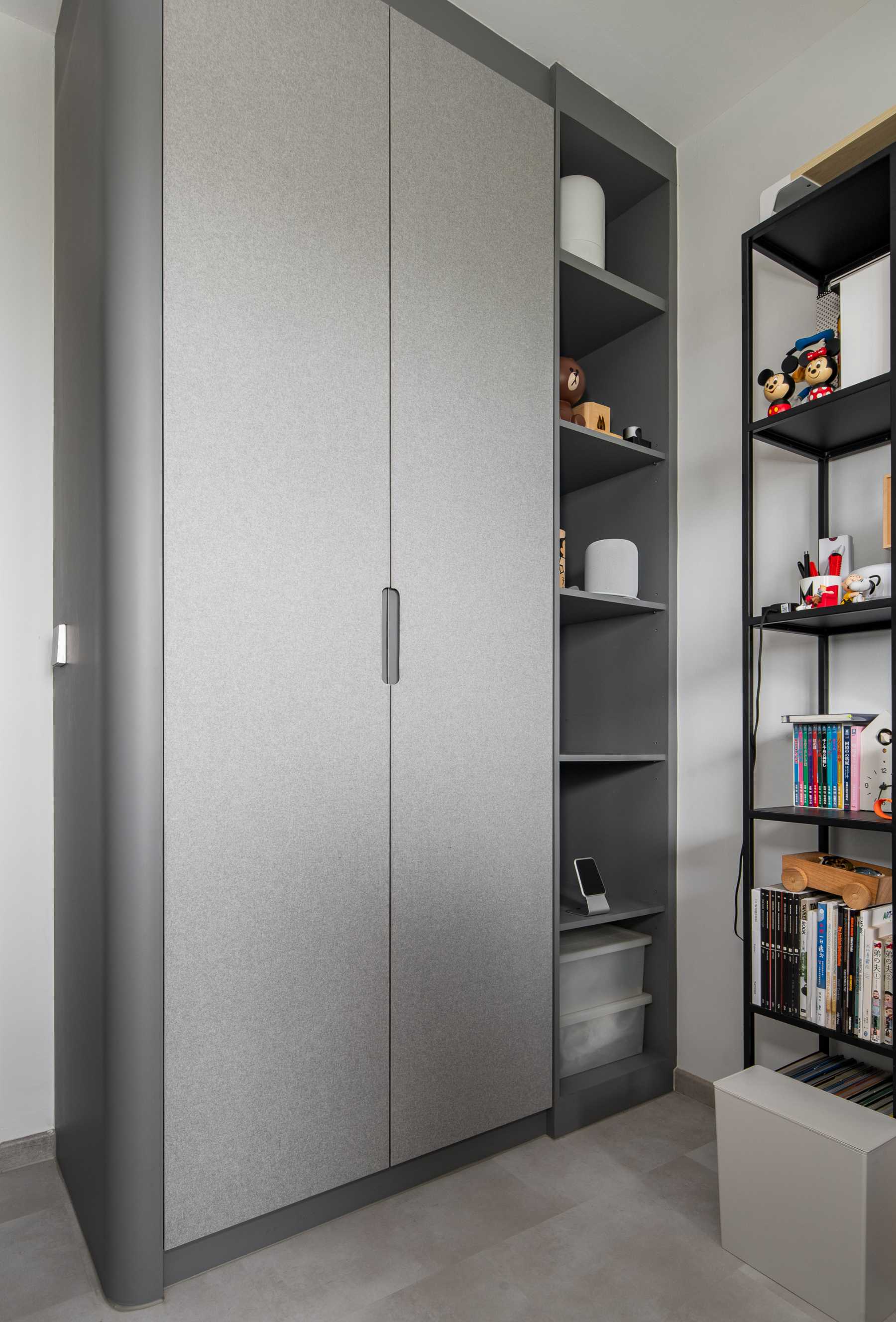 Scandinavian Bedroom with Bookshelf and Wardrobe