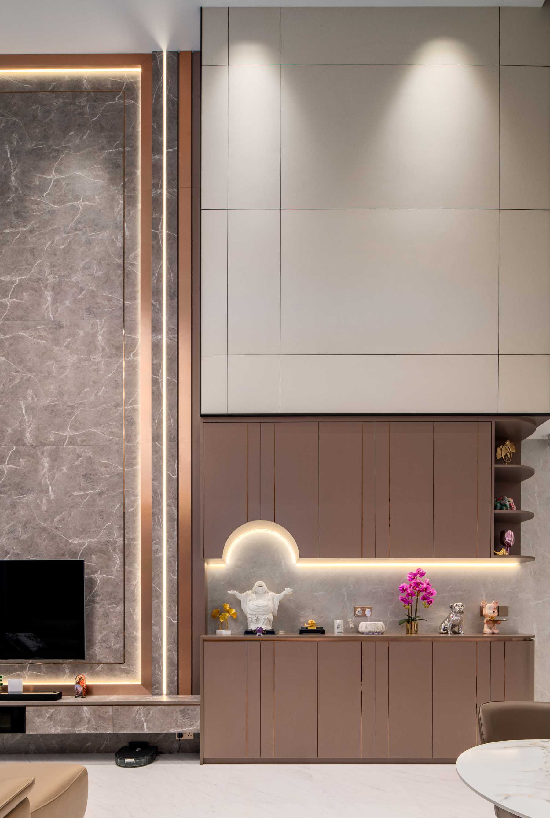Modern Living Room with Feature Wall and Storage Cabinets