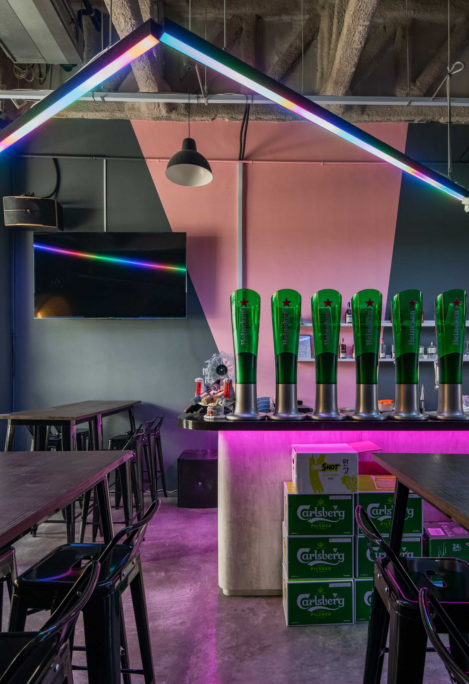Contemporary Restaurant with Ceiling Light and Bar Counter