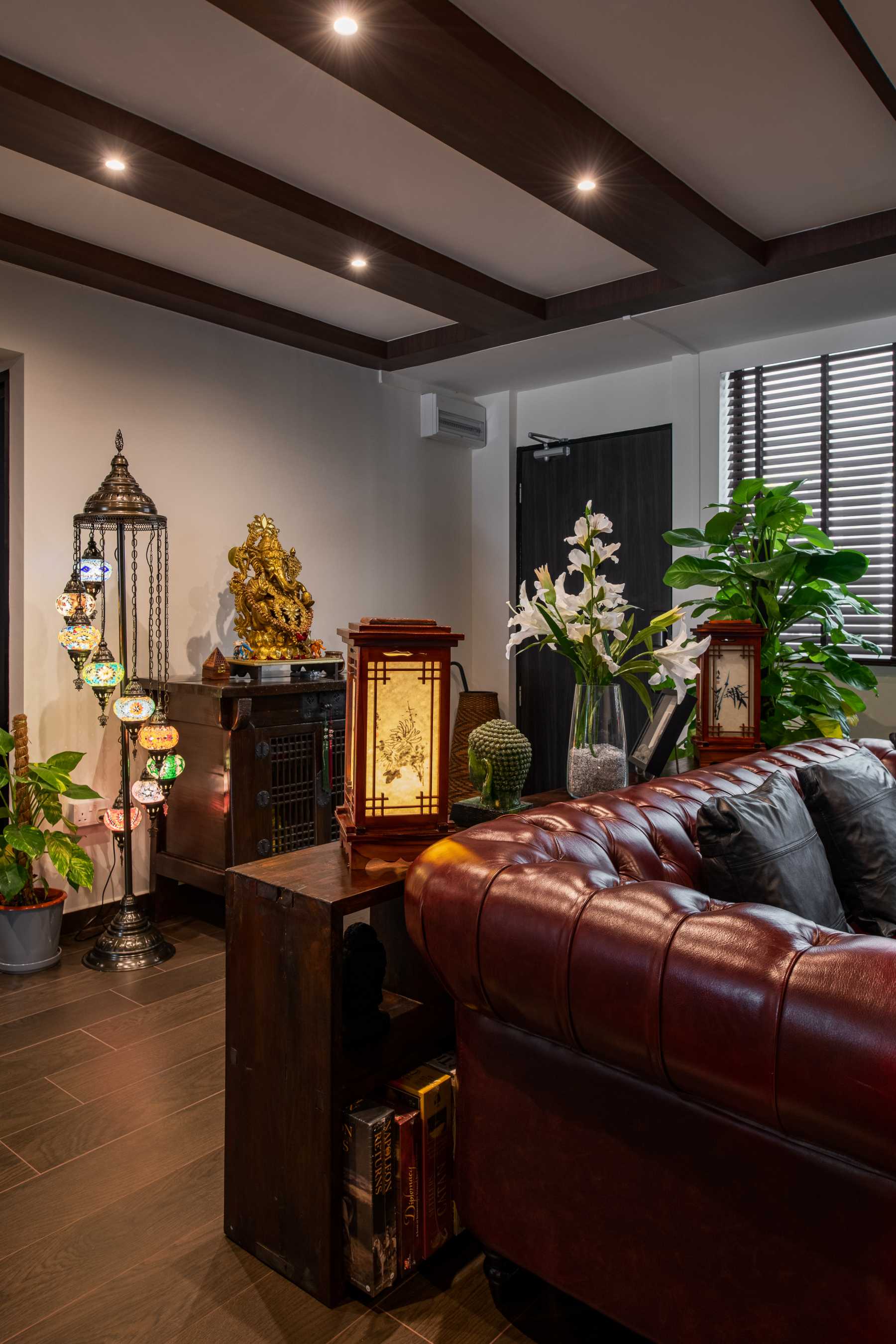 Country Entryway with Wood Flooring and Altar