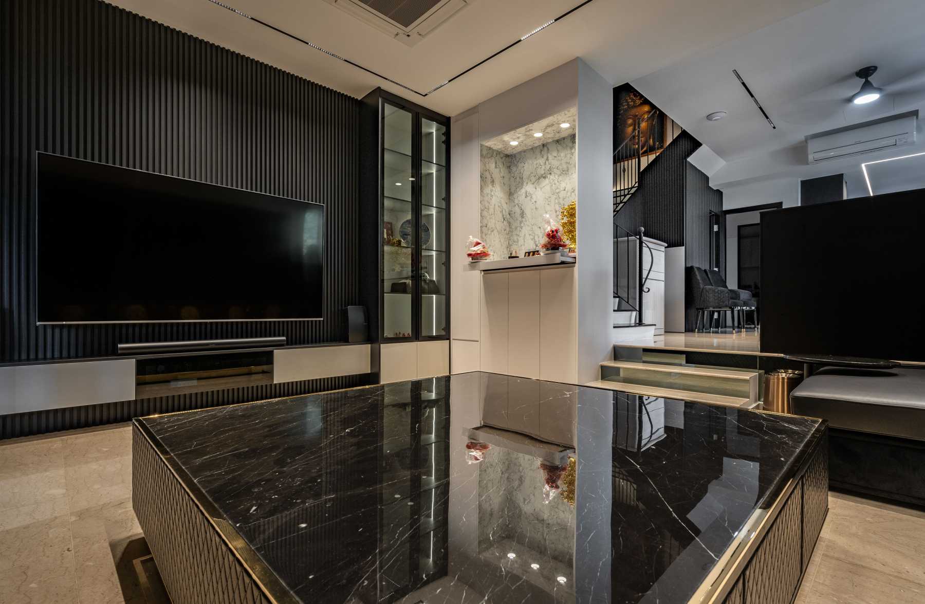 Modern Living Room with Homogeneous Tiles and Feature Wall