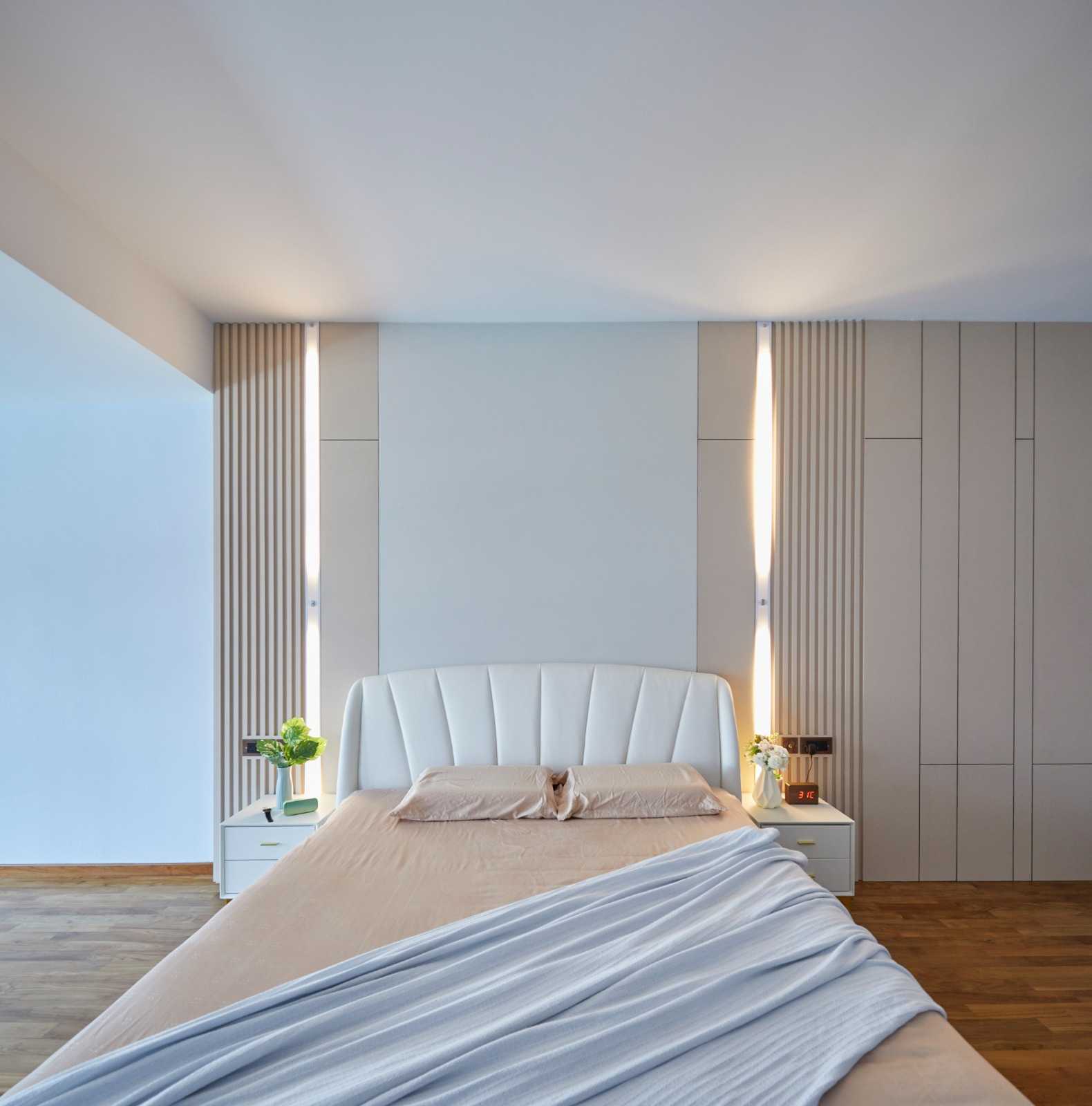 Minimalist Bedroom with Bay Window and Bedside Table