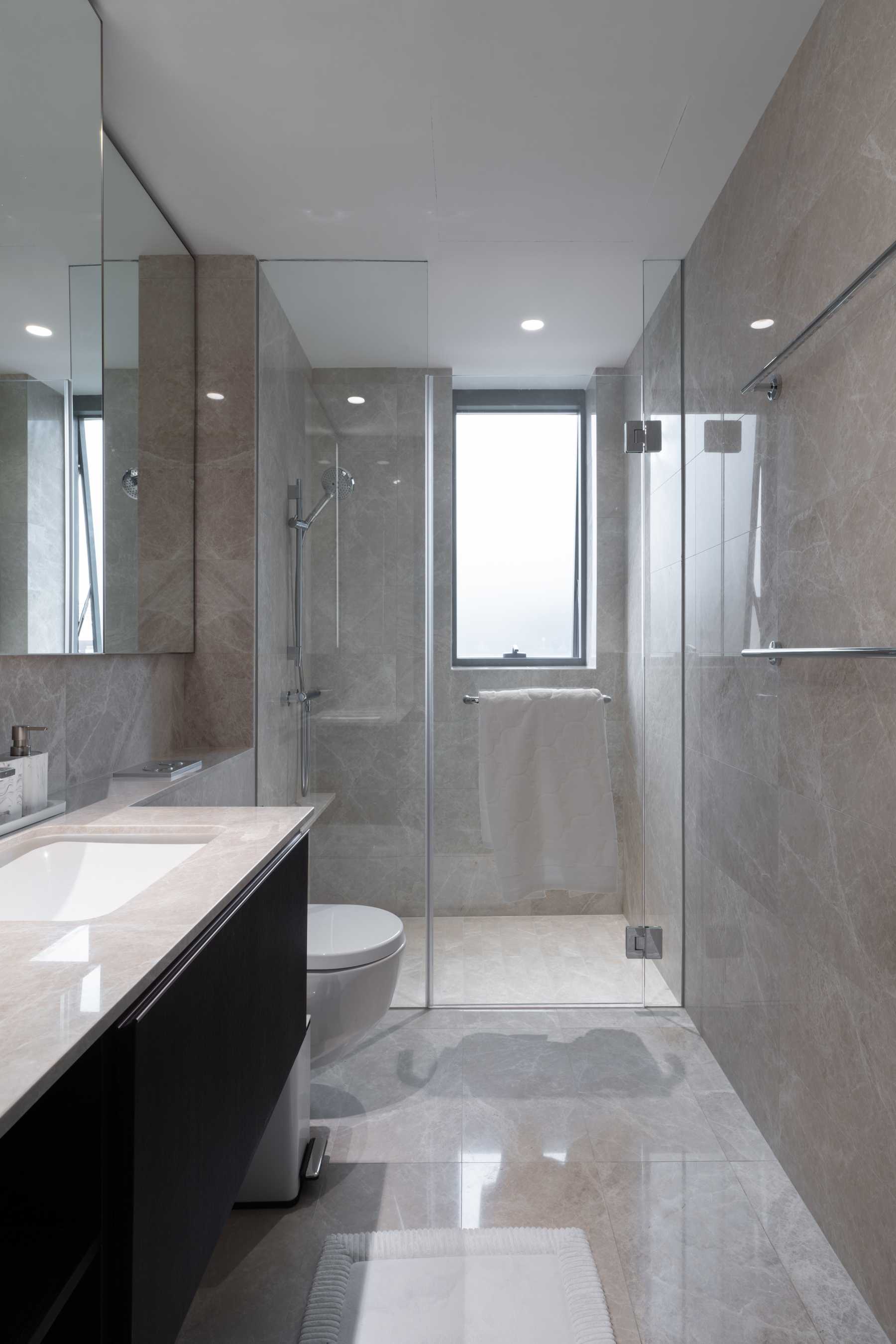 Contemporary Bathroom with Parquet Floor and Wood Flooring