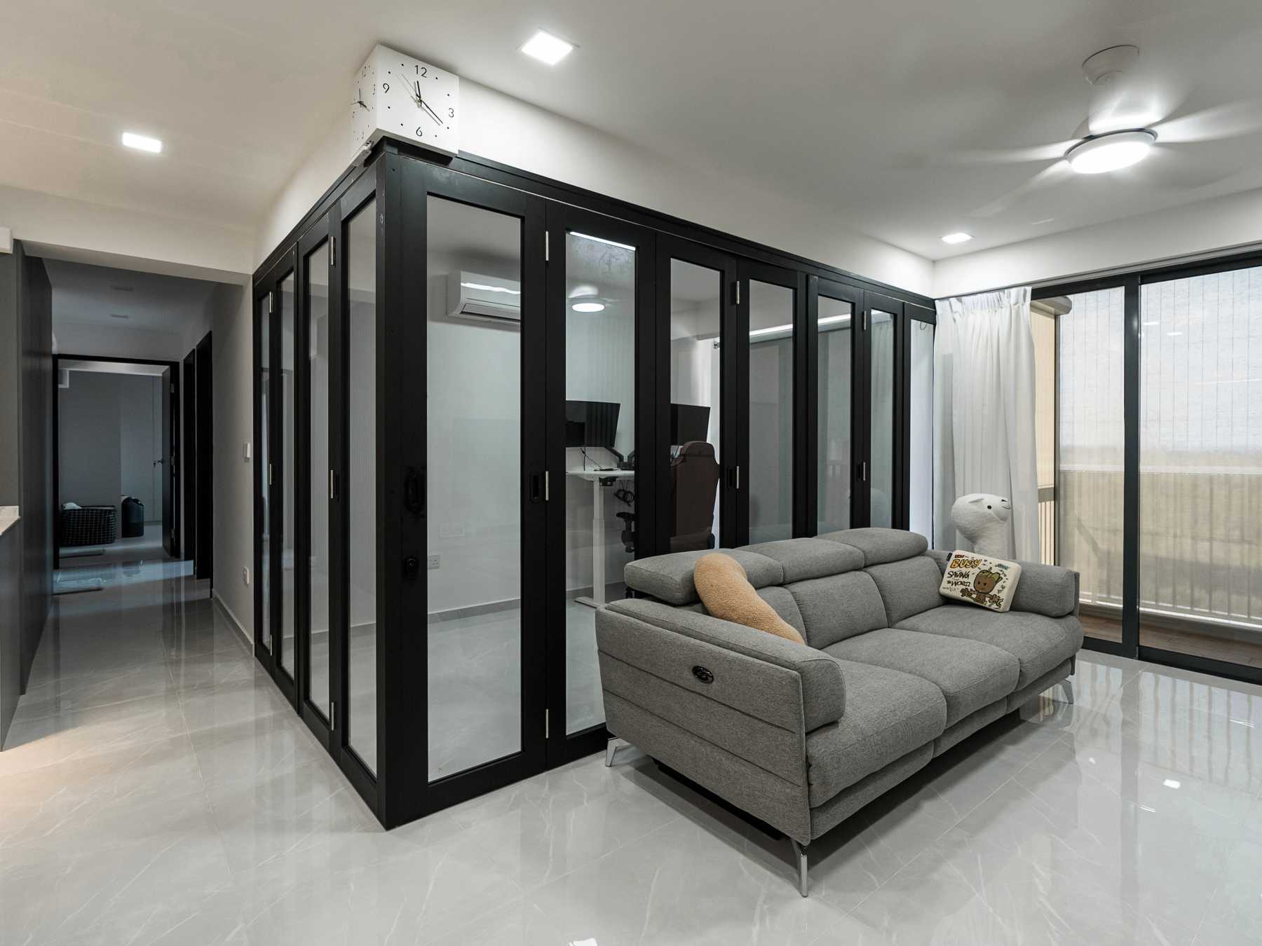 Contemporary Living Room with Homogeneous Tiles and Feature Wall