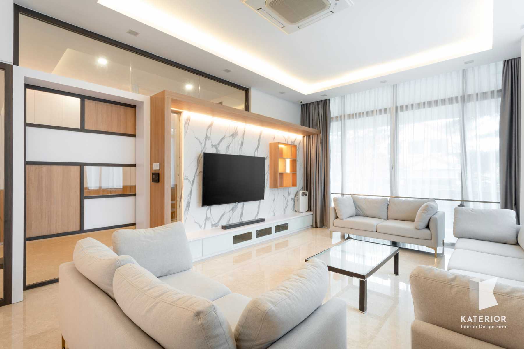 Scandinavian Living Room with Marble Floor and TV Console
