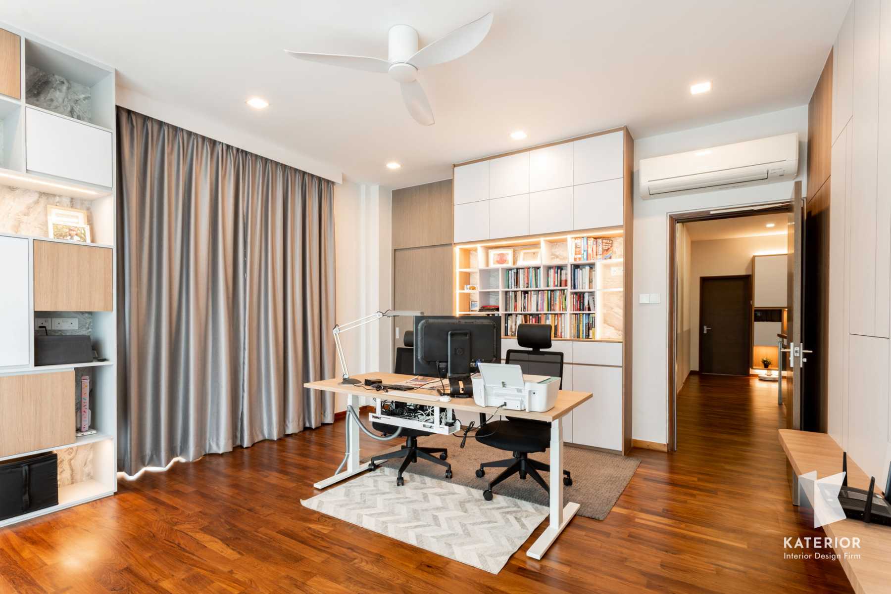 Scandinavian Bedroom with Bookshelf and Parquet Floor