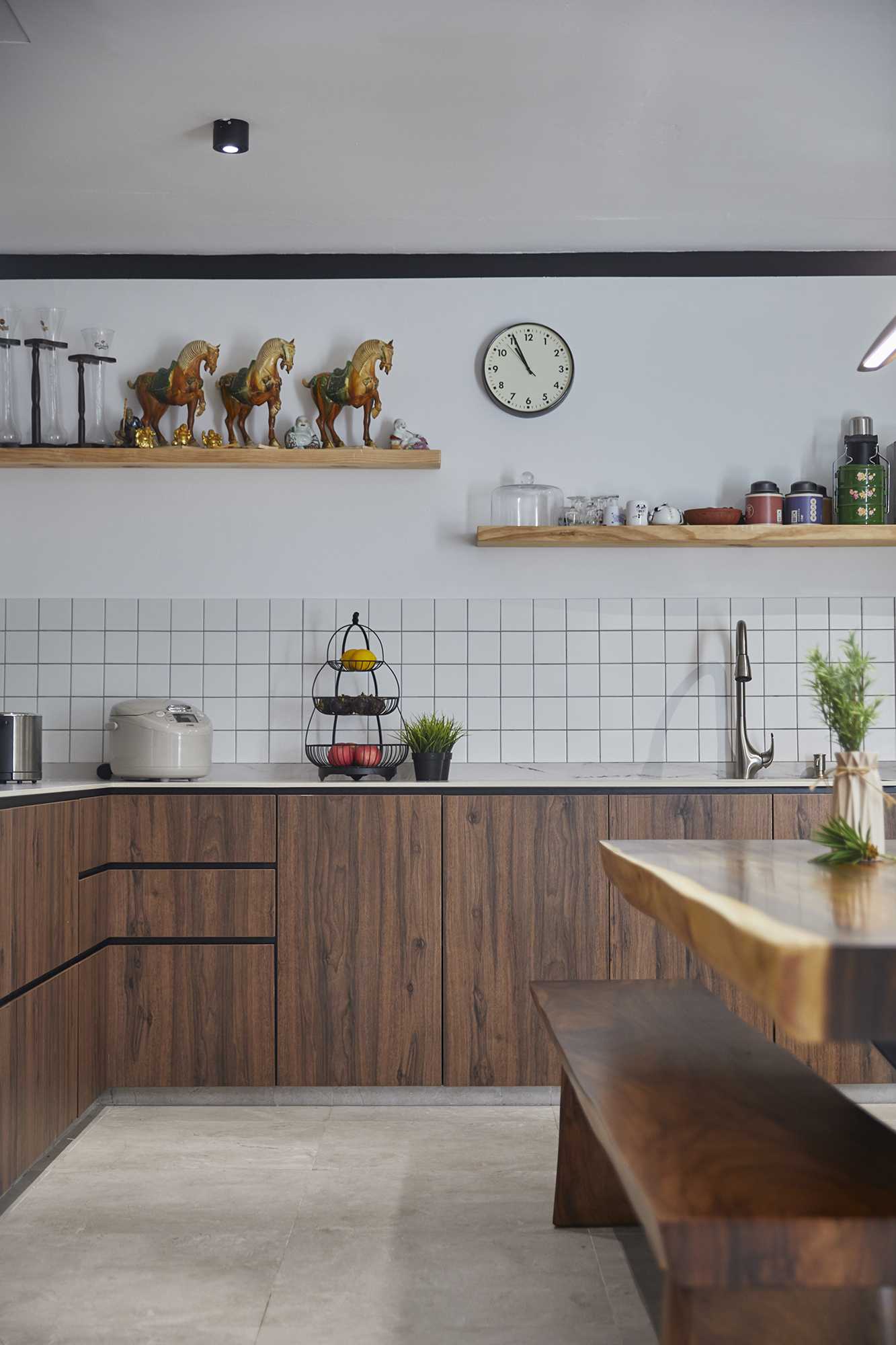 Asian Kitchen with Parquet Floor and Kitchen Island