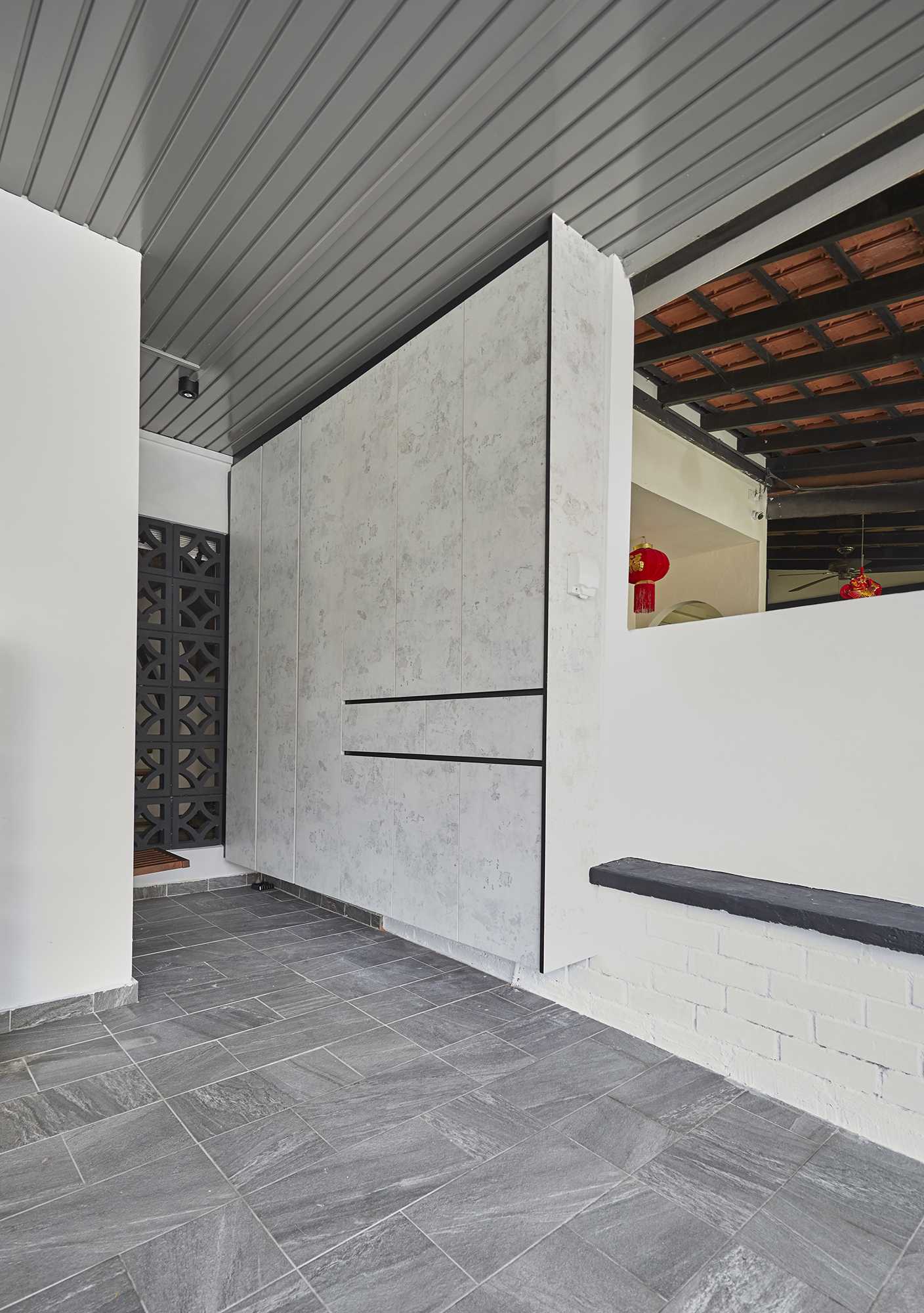 Asian Porch with Window Seat and Awning