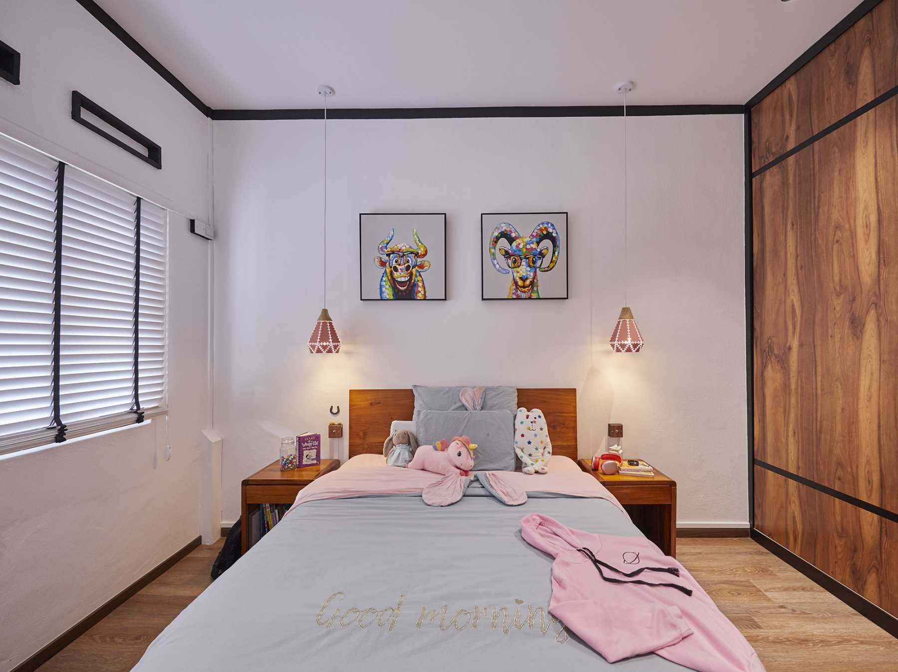 Asian Bedroom with Roller Blinds and Downlights