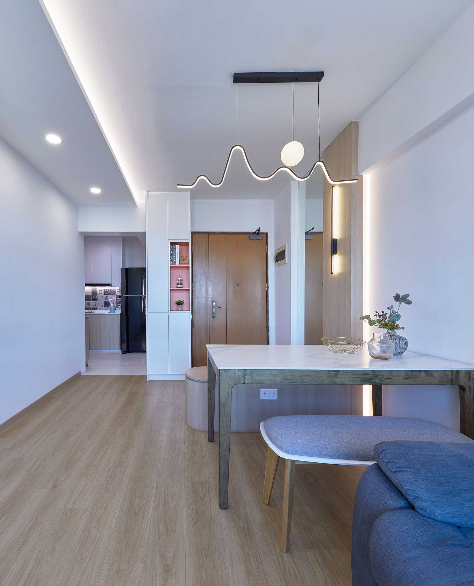Scandinavian Living Room with TV Console and Feature Wall