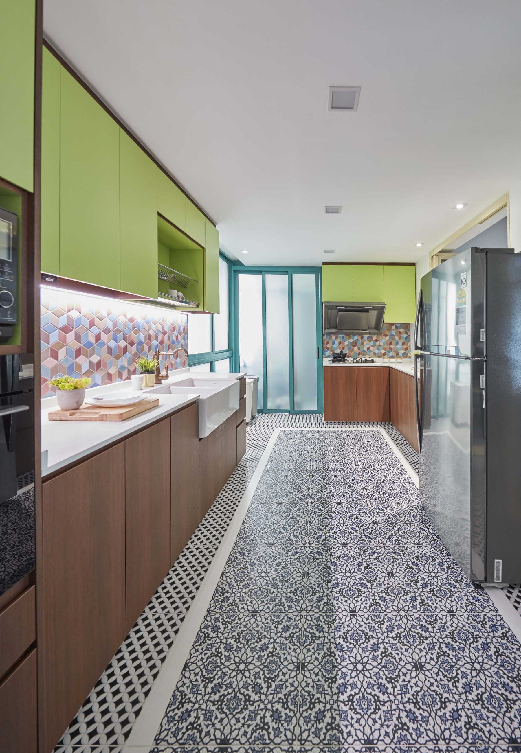 Scandinavian Kitchen with Parquet Floor and Marble Floor