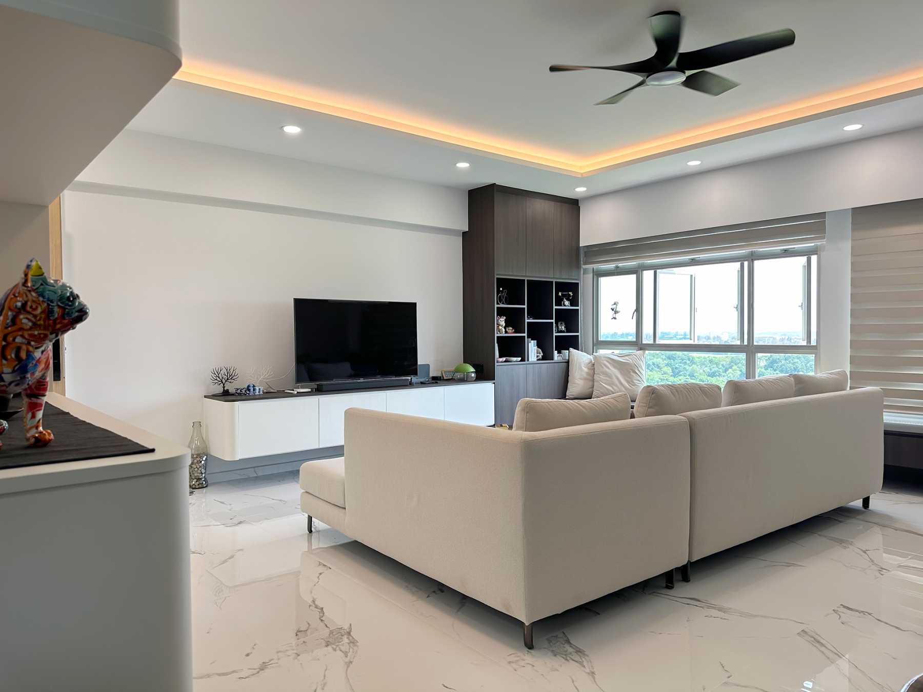 Scandinavian Living Room with Granite Floor and TV Console