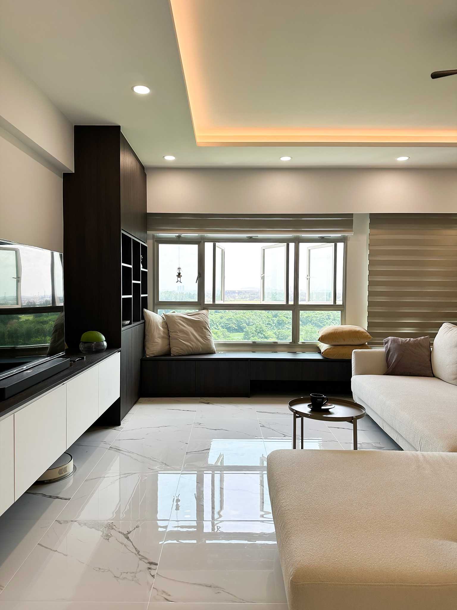 Scandinavian Living Room with Homogeneous Tiles and TV Console