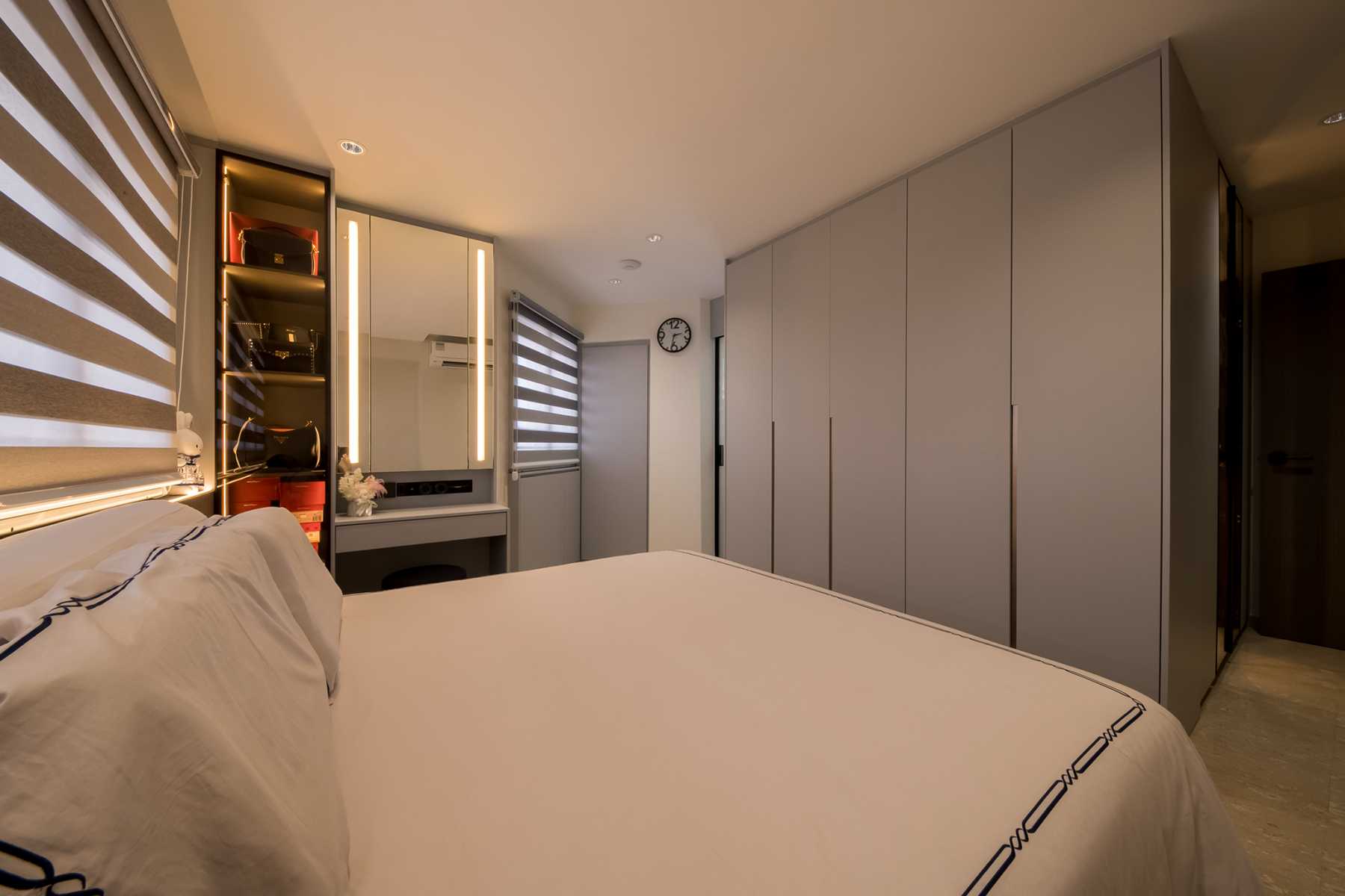 Contemporary Bedroom with Bay Window and Closet
