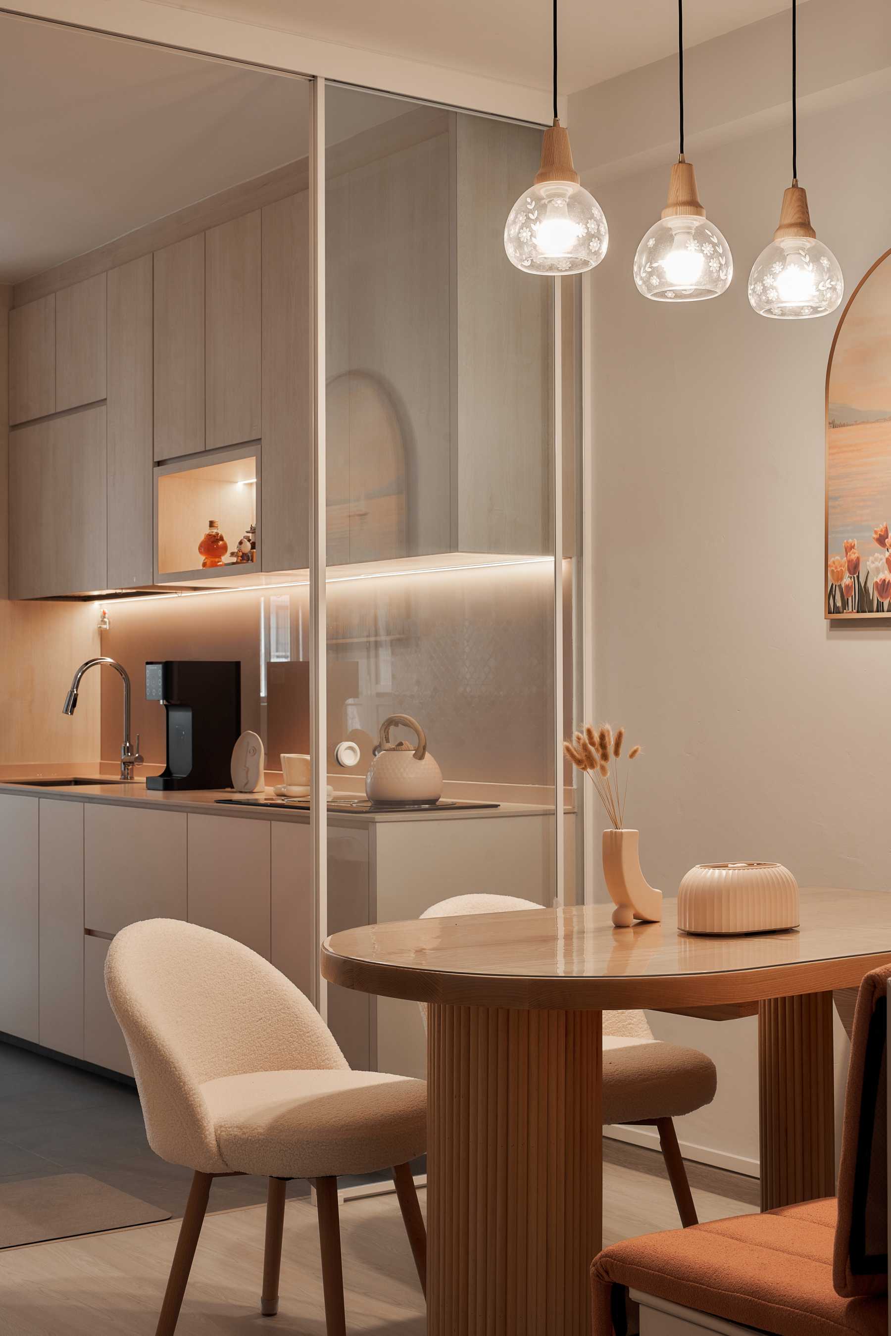 Scandinavian Dining Room with Dining Table and Tableware