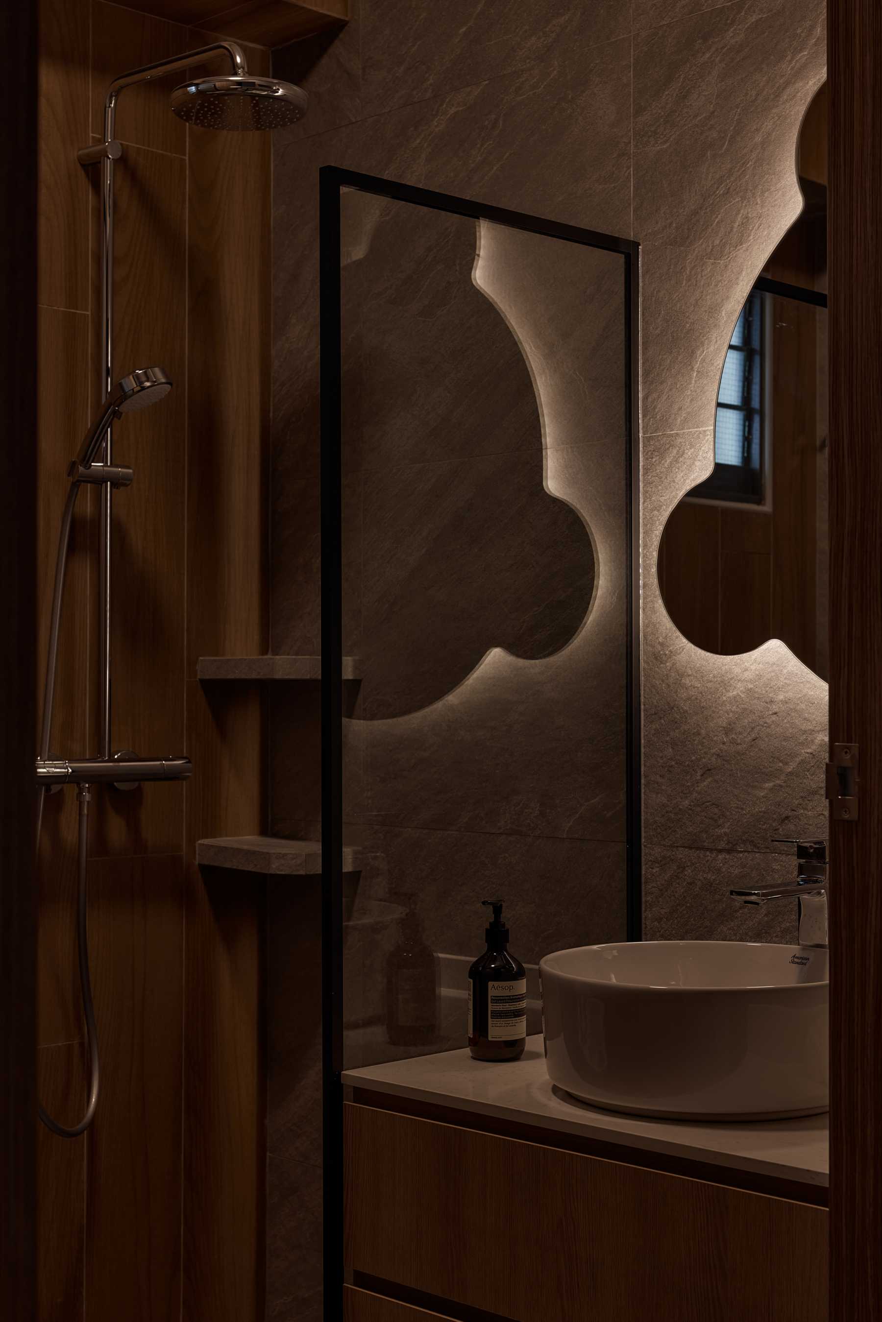 Minimalist Bathroom with Cement Floor and Mirror