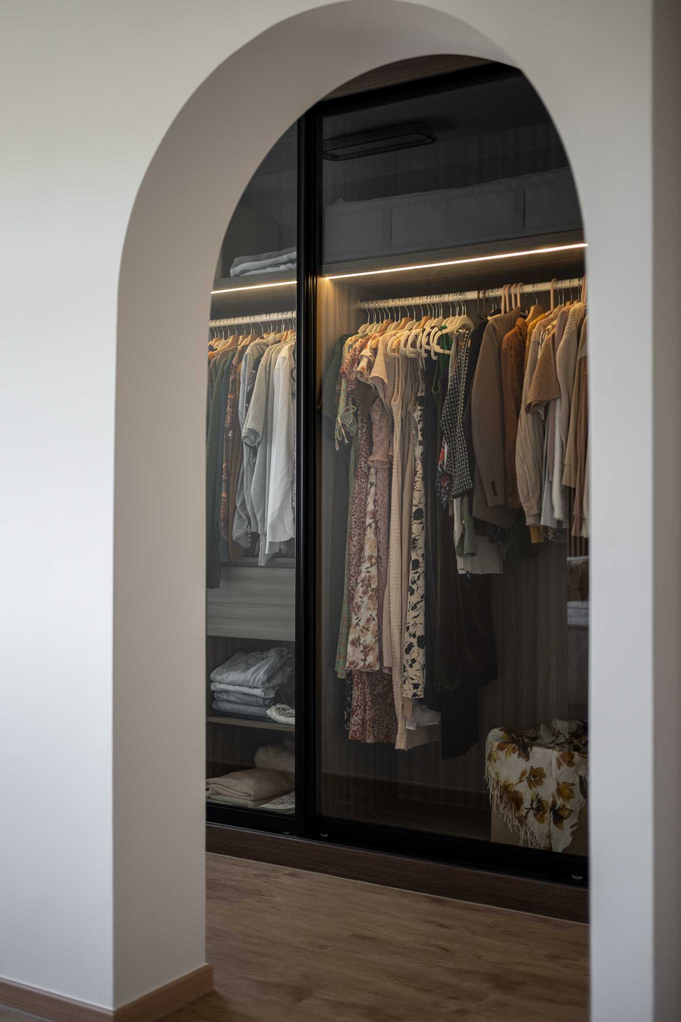 Scandinavian Bedroom with Vinyl Flooring and Glass Door