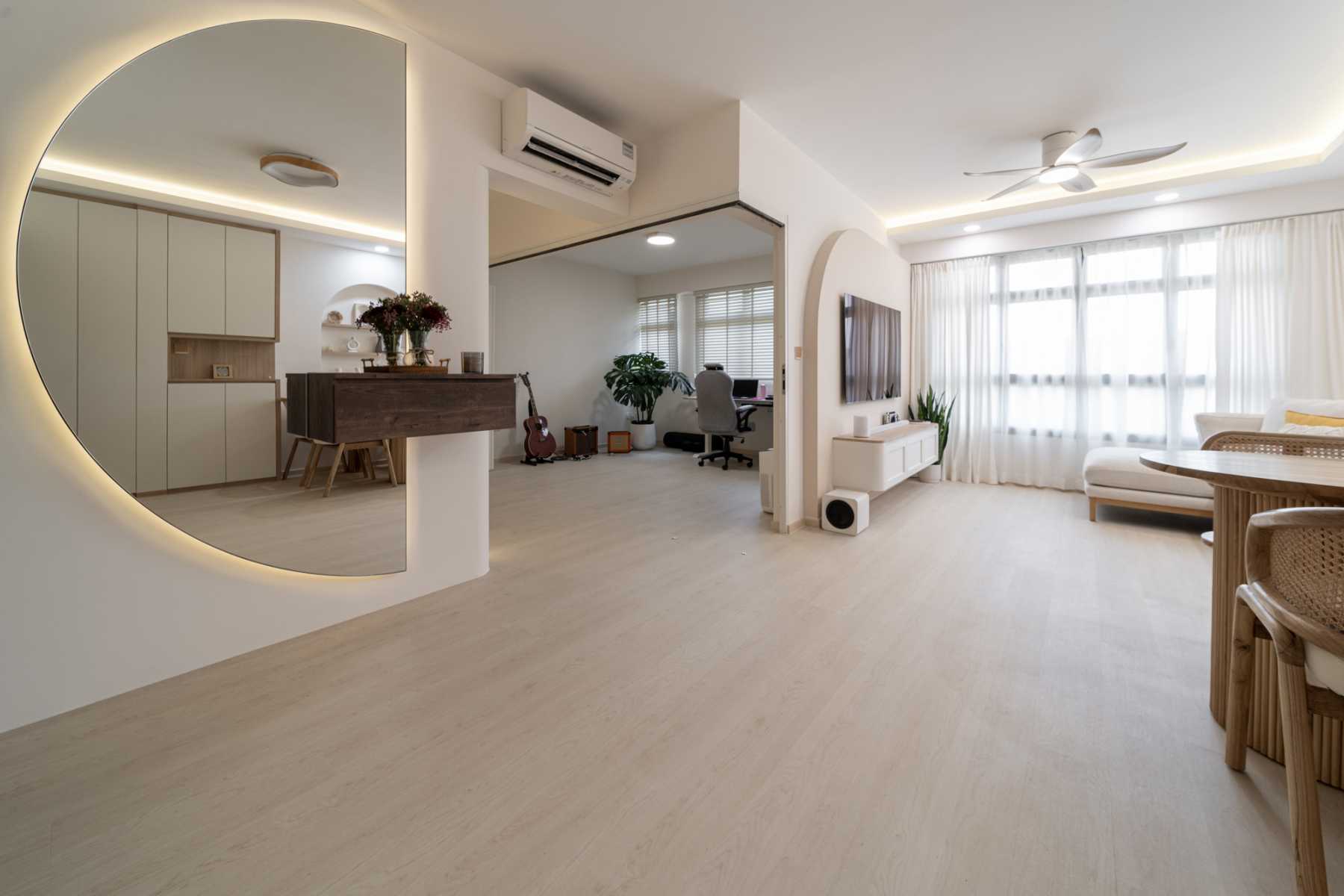 Scandinavian Living Room with Vinyl Flooring and Mirror