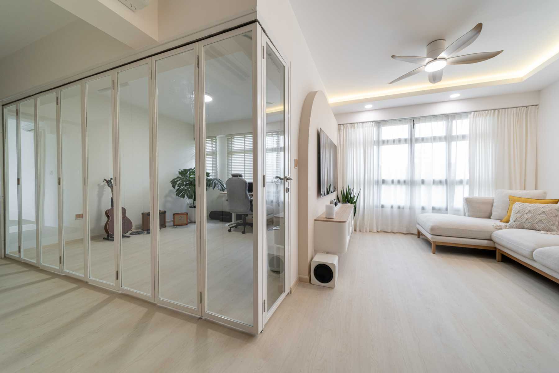 Scandinavian Home Office with Vinyl Flooring and TV Console