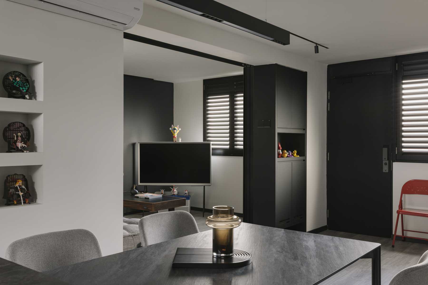 Modern Dining Room with Window Shutters and Dining Table
