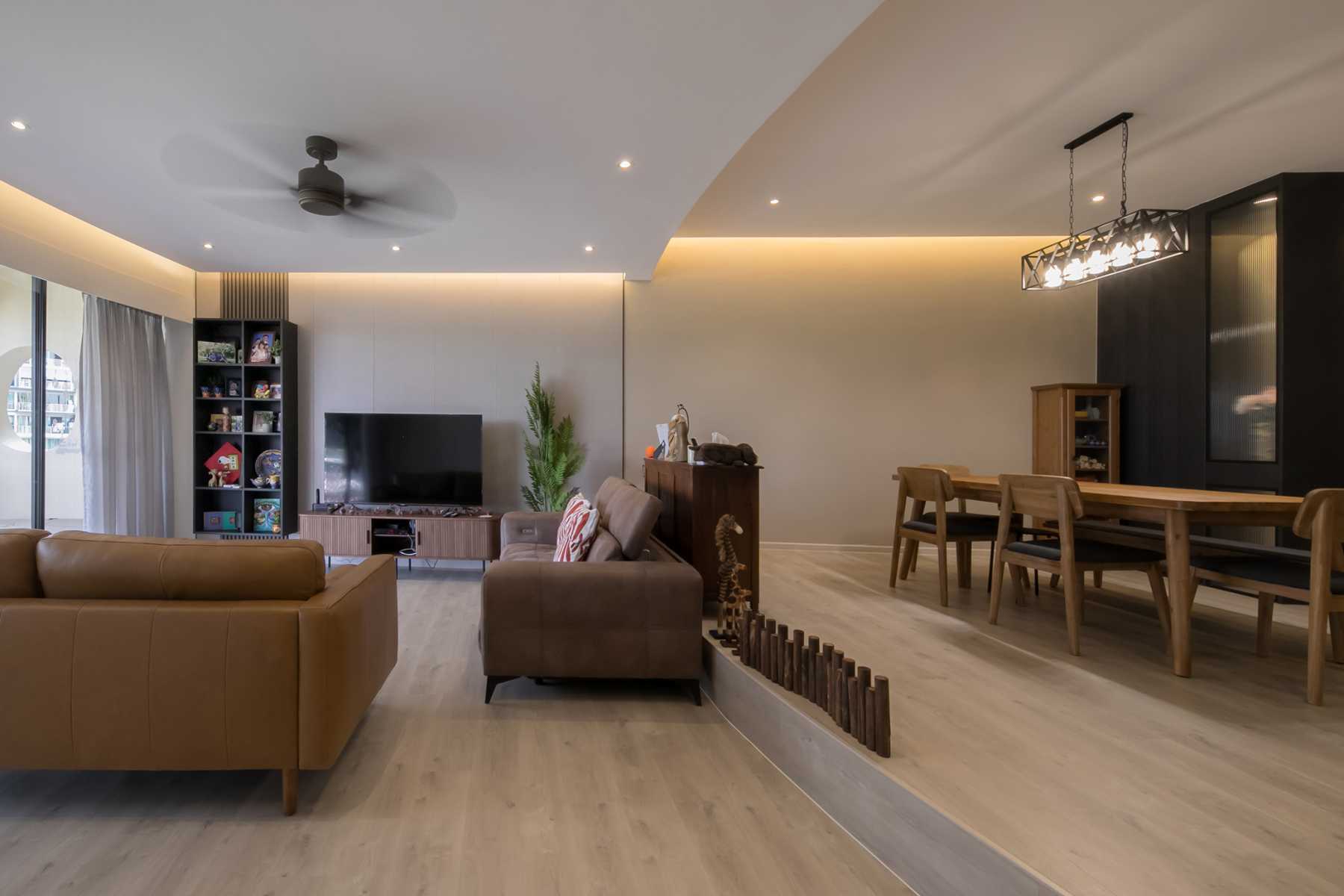 Contemporary Living Room with Vinyl Flooring and Ceiling Light