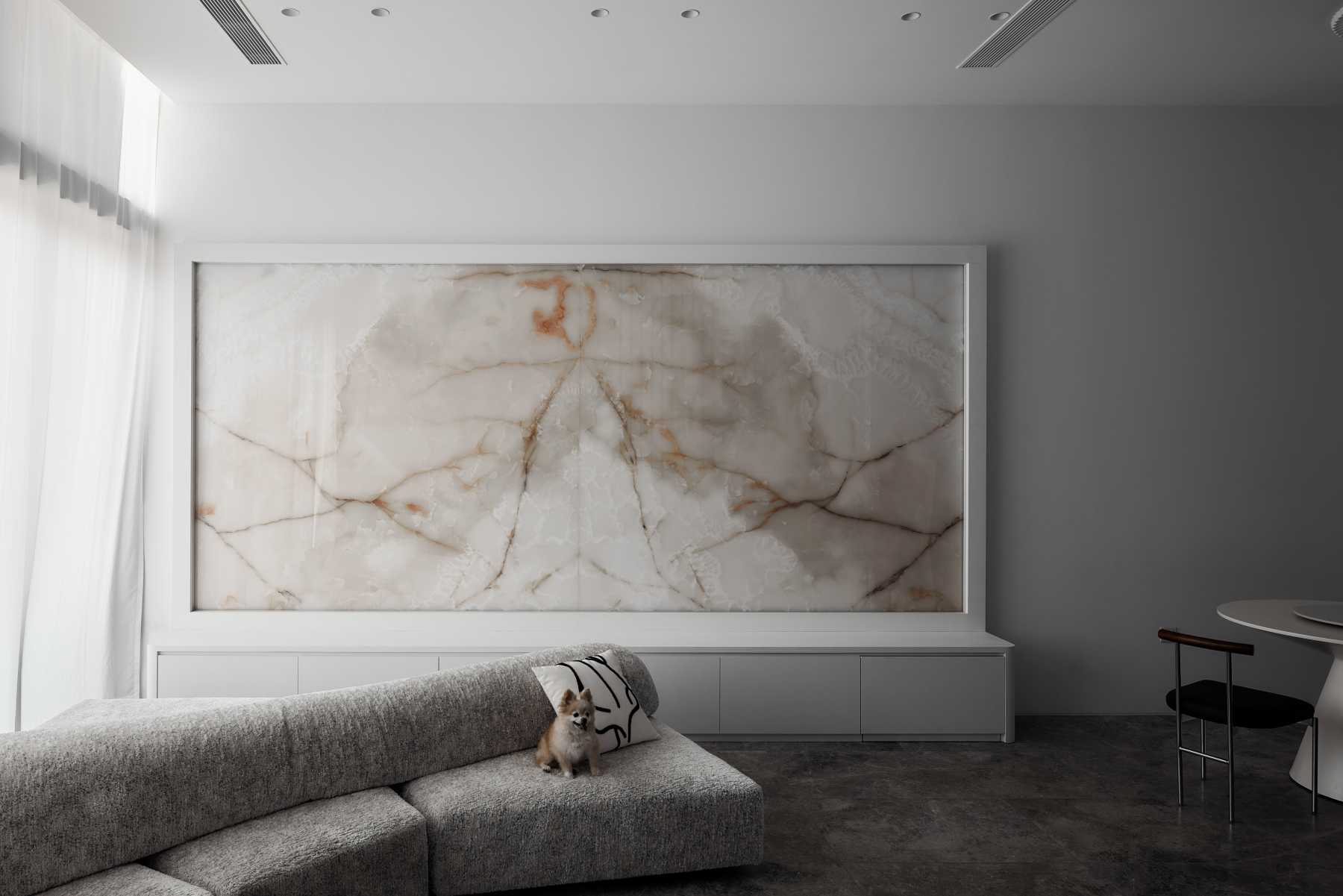 Modern Living Room with Cement Floor and Feature Wall