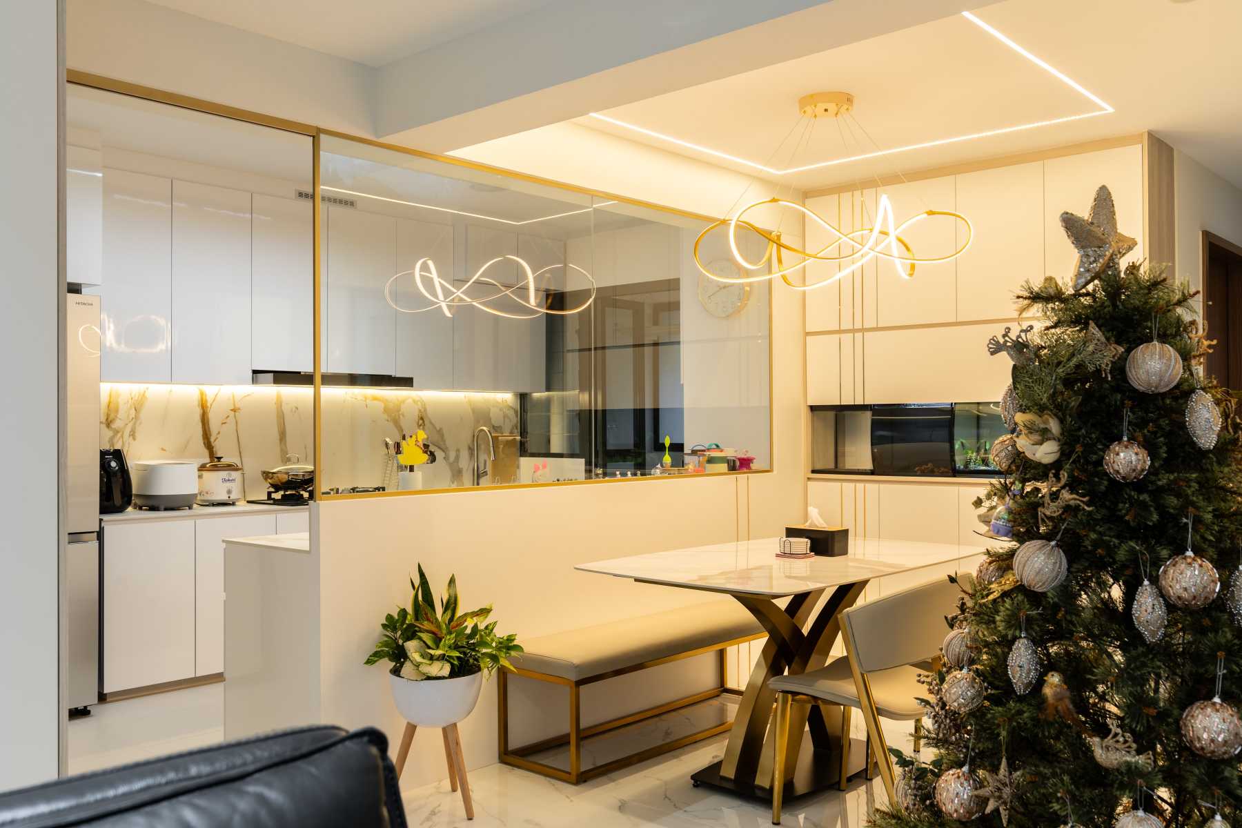 Contemporary Dining Room with Drop Light and Cove Lighting