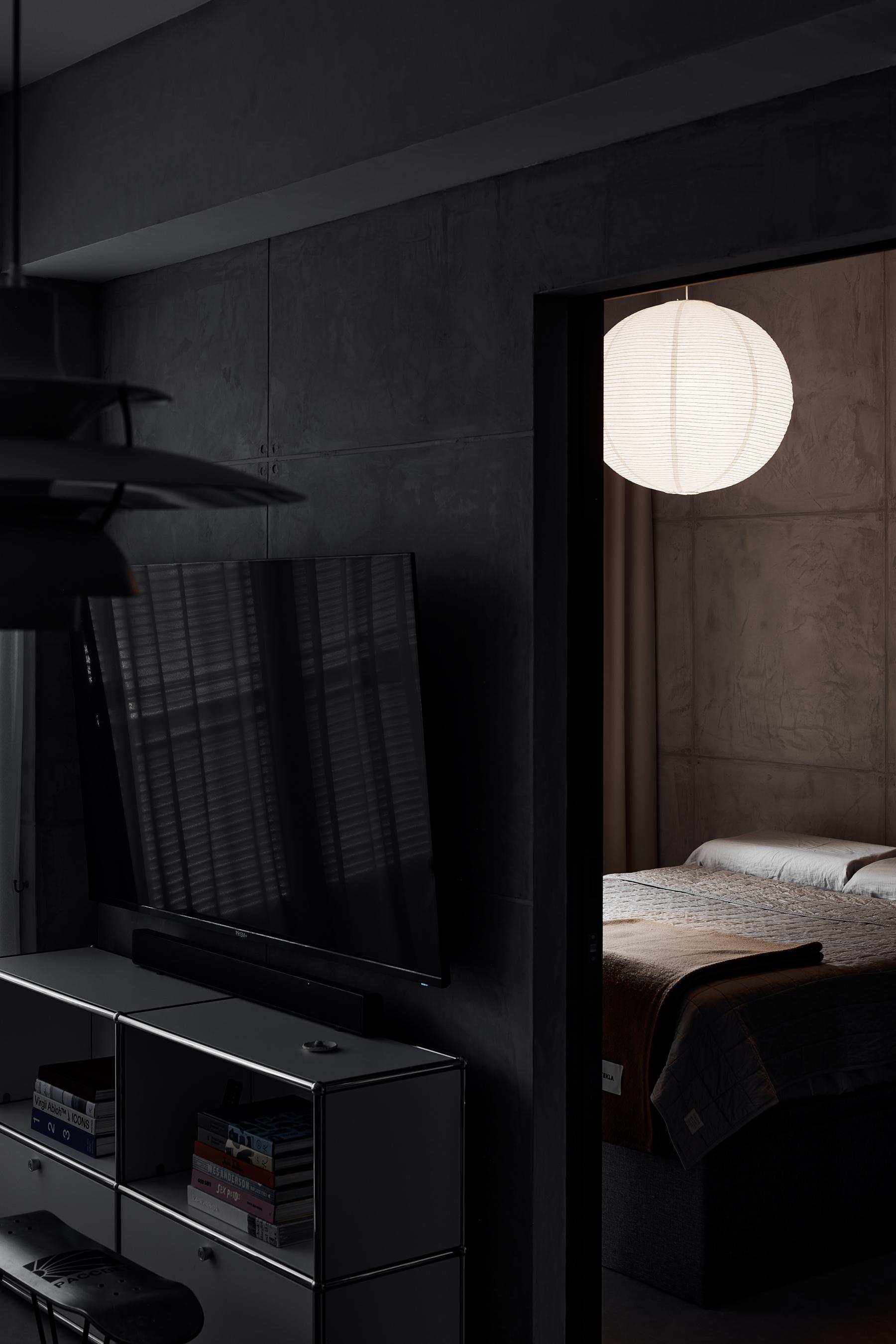 Industrial Bedroom with Vinyl Flooring and Cement Floor