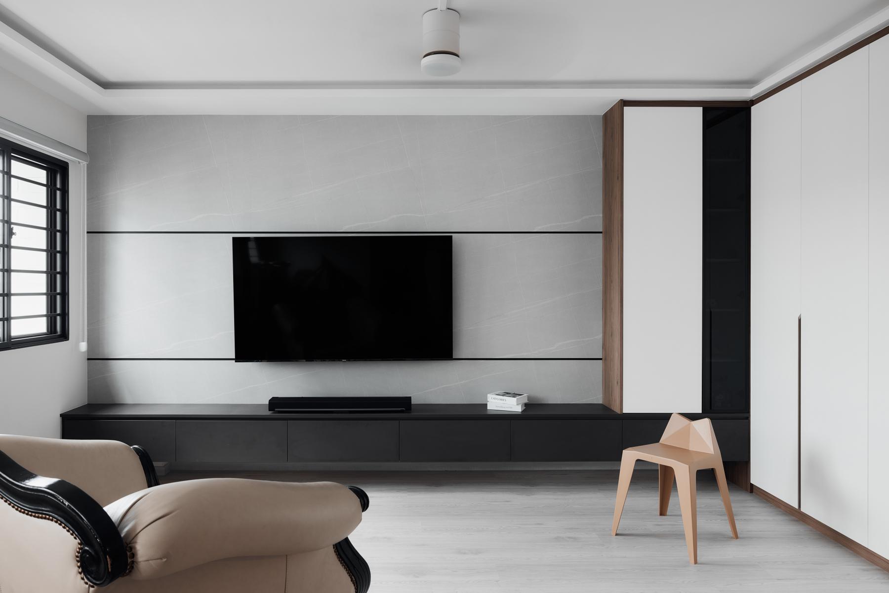Modern Living Room with Vinyl Flooring and Feature Wall