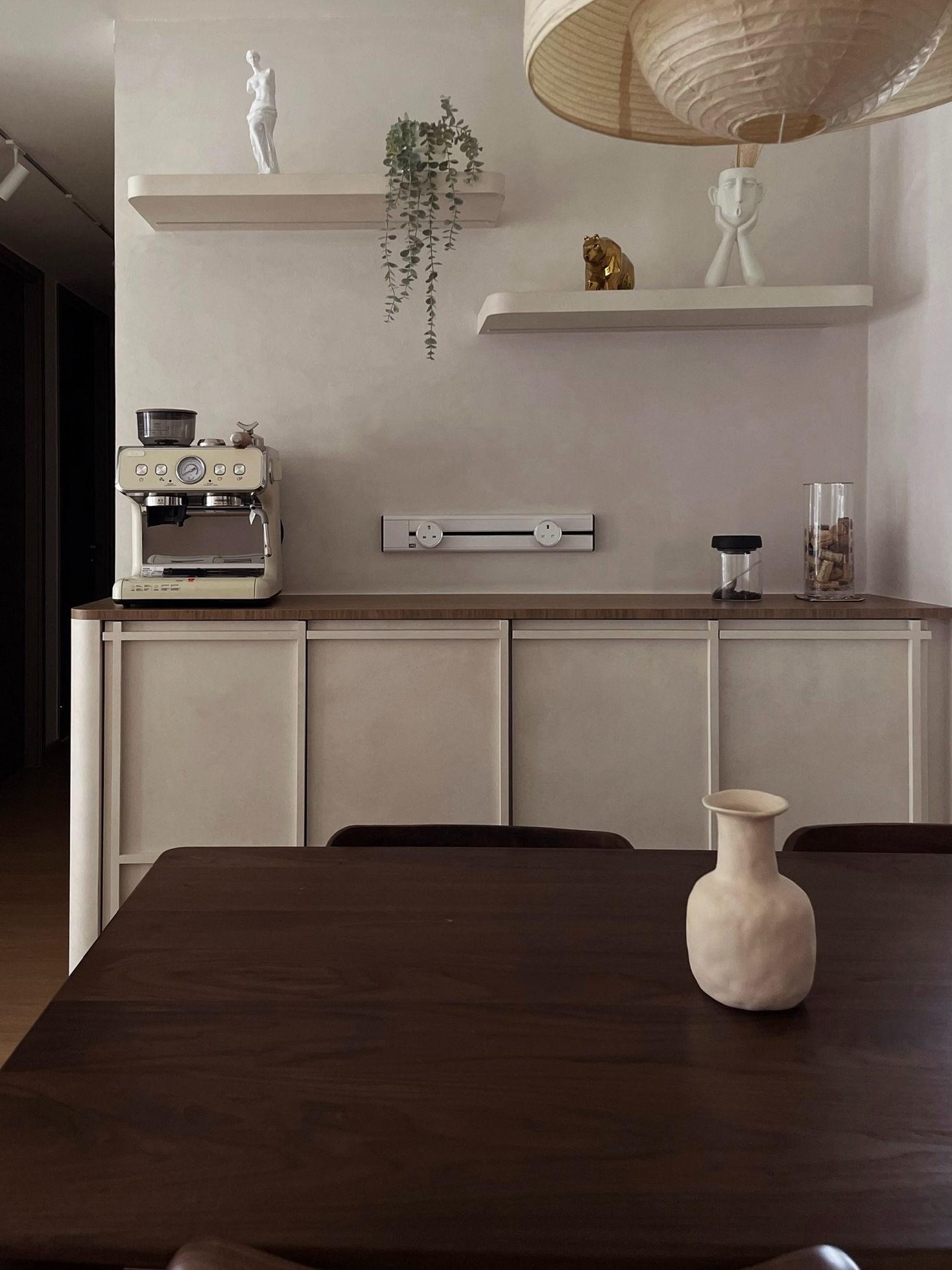 Scandinavian Dining Room with Feature Wall and Ceiling Light