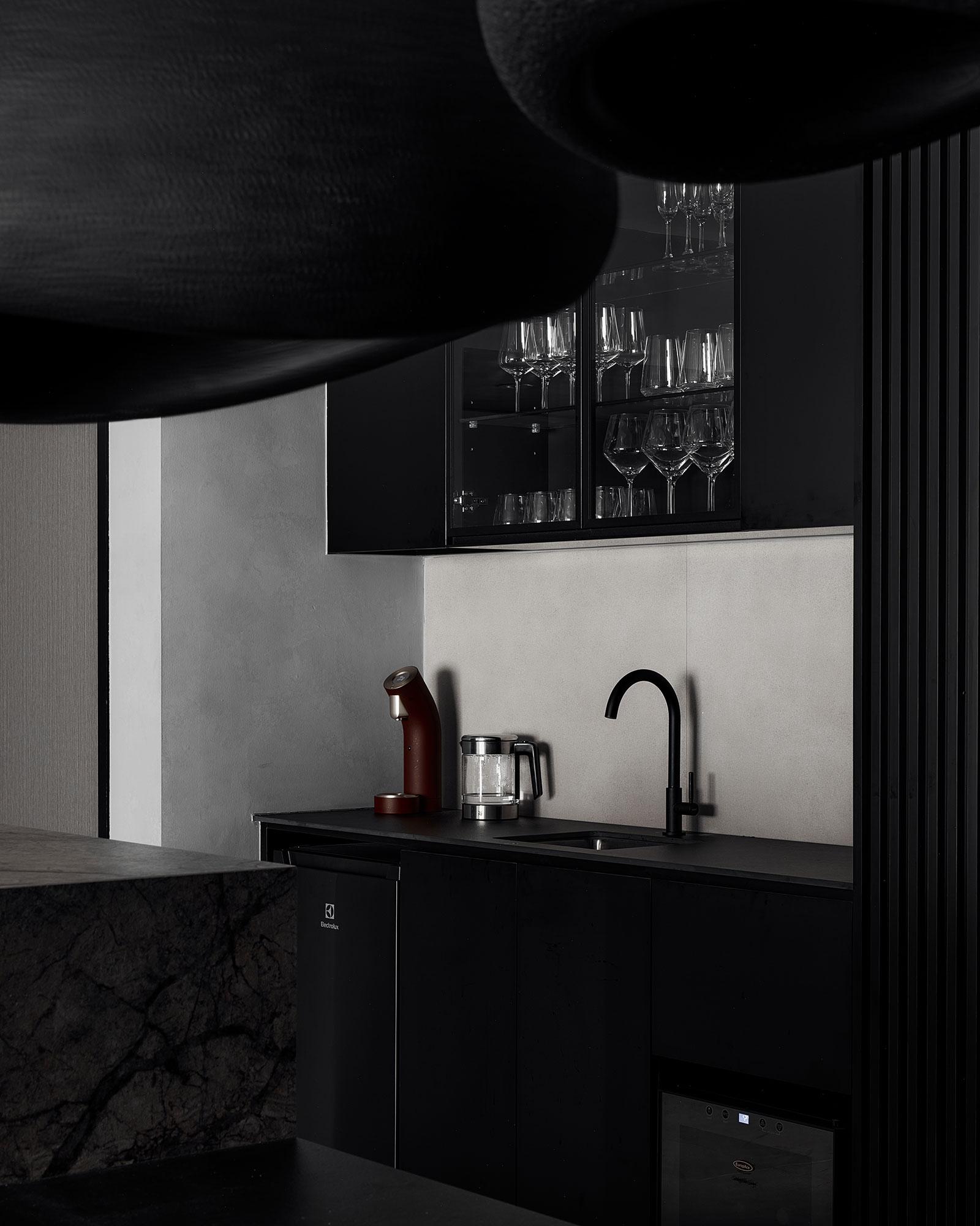 Contemporary Pantry with Kitchen Island and Console Table