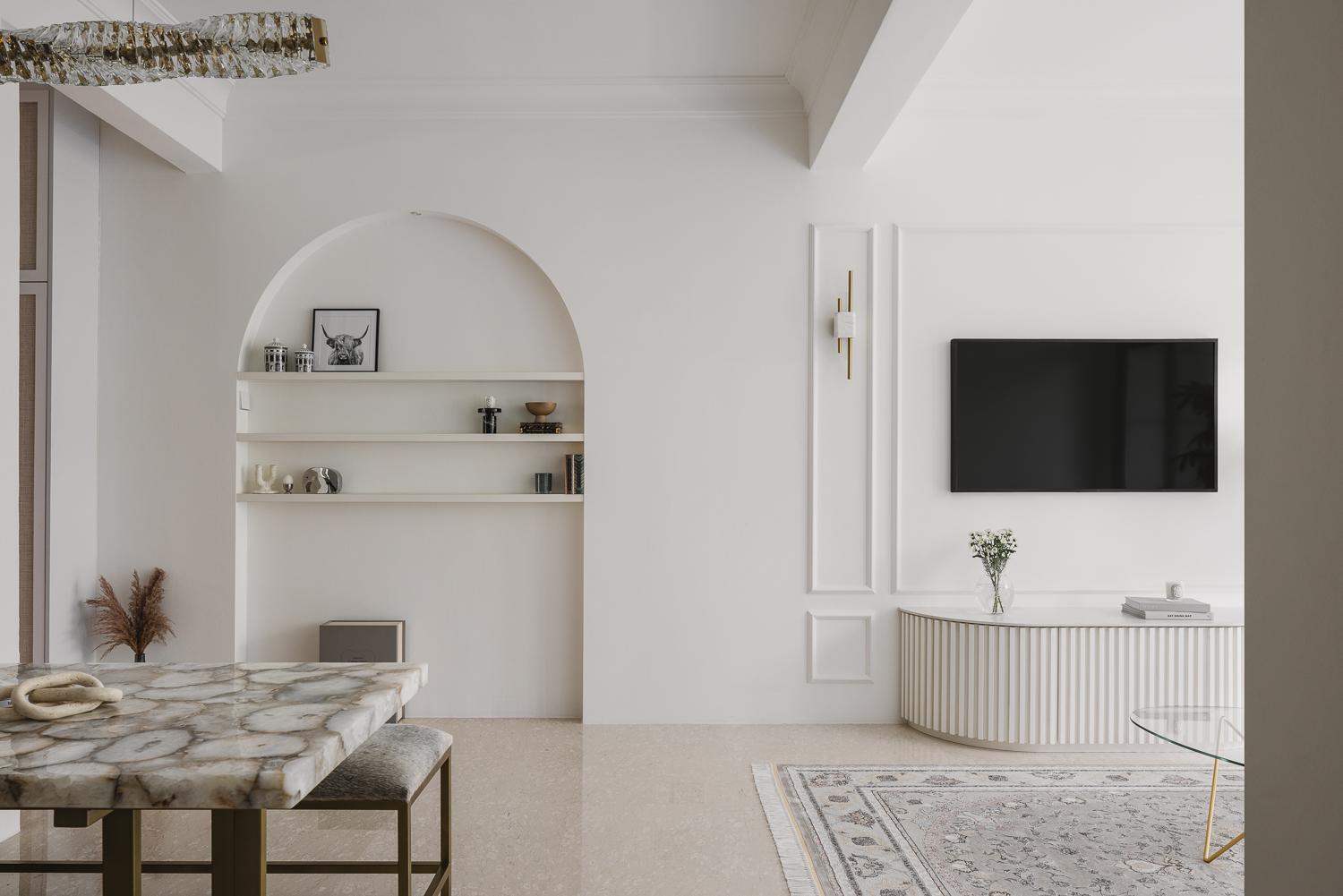 Contemporary Dining Room with TV Console and Downlights