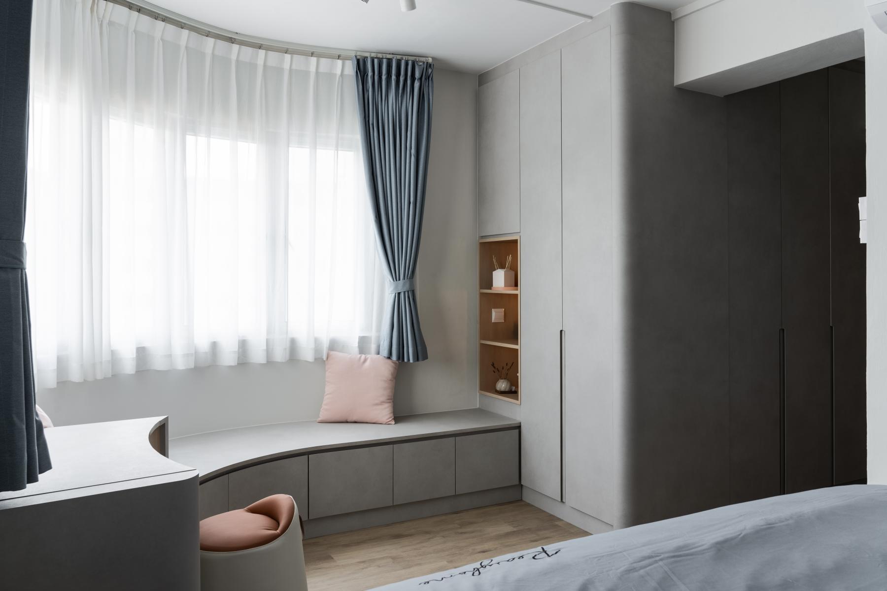 Contemporary Bedroom with Vinyl Flooring and Herringbone Tiling