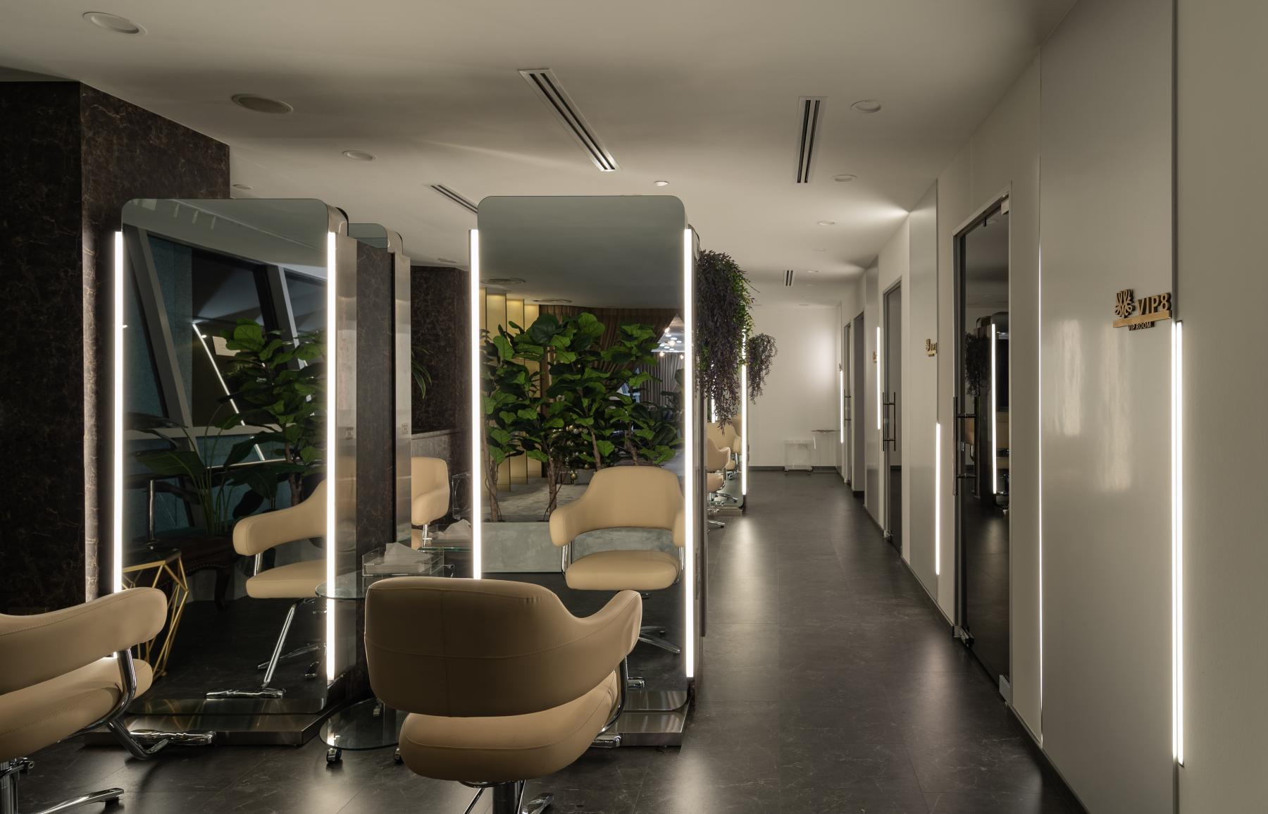 Modern Workstation with Mirror and Armchairs