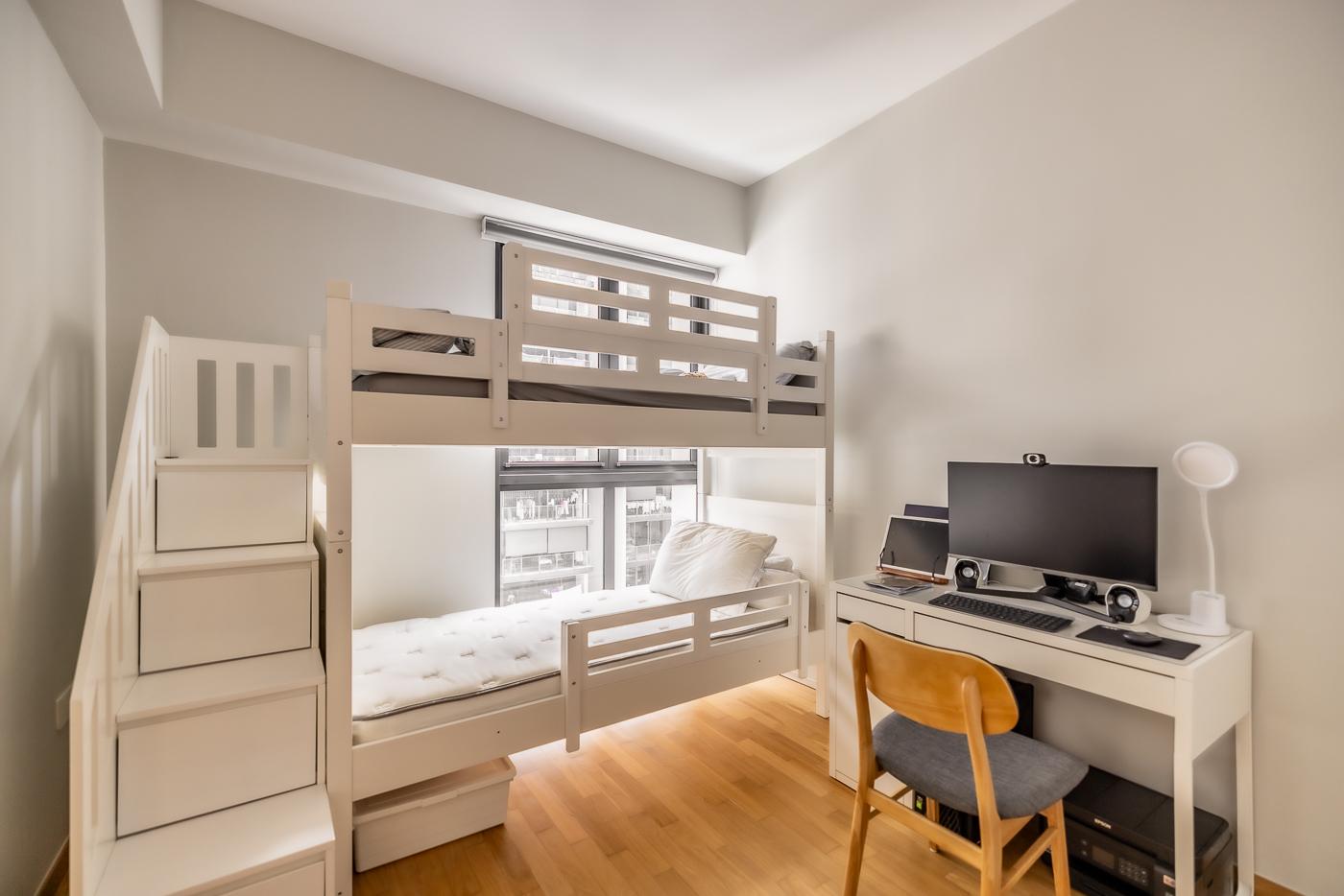Minimalist Bedroom with Platform Bed and Parquet Floor