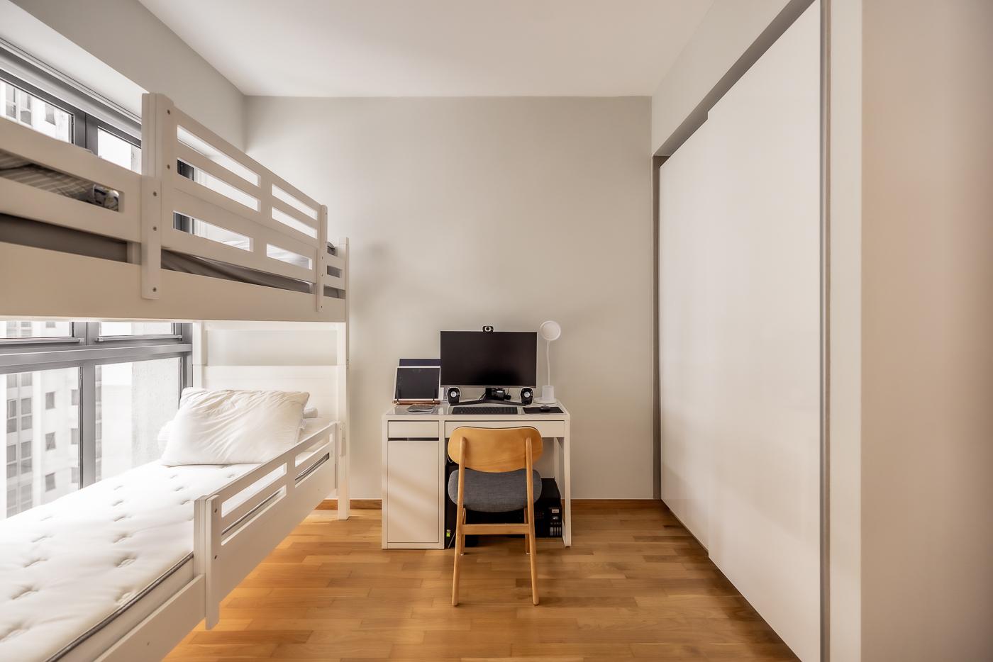 Minimalist Bedroom with Parquet Floor and Wardrobe