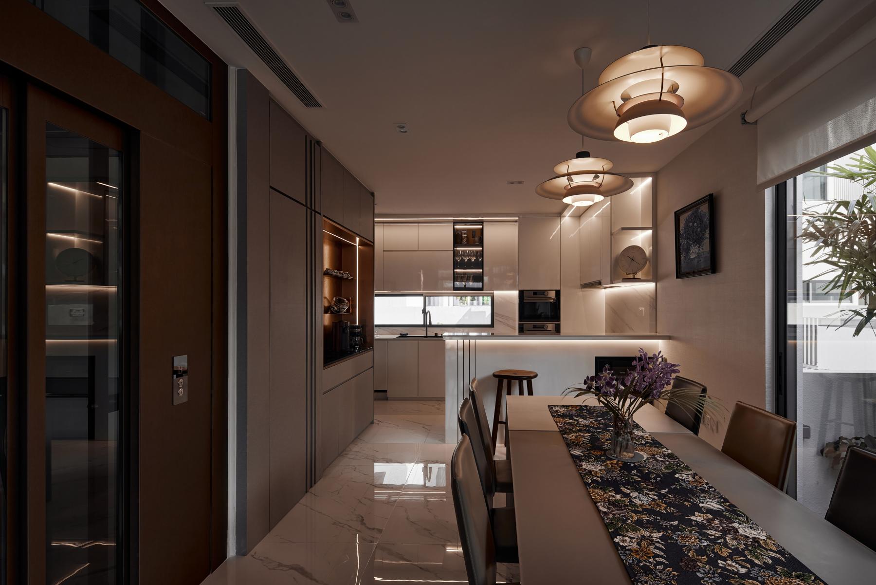Asian Dining Room with Drop Light and Ceiling Light