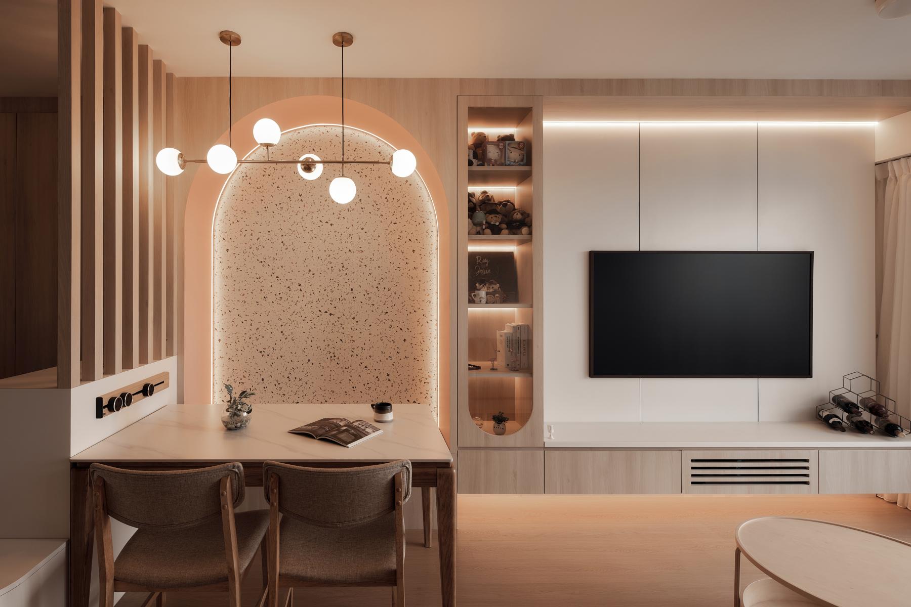 Scandinavian Living Room with Wood Flooring and TV Console