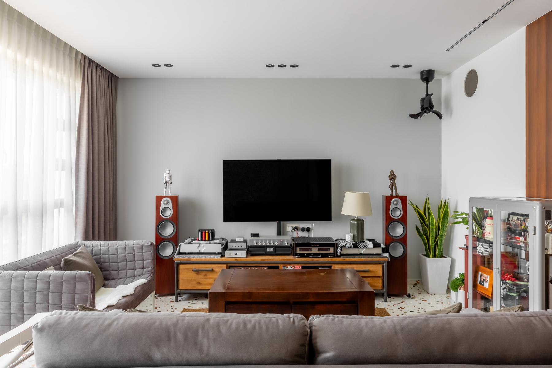 Minimalist Living Room with Marble Floor and TV Console