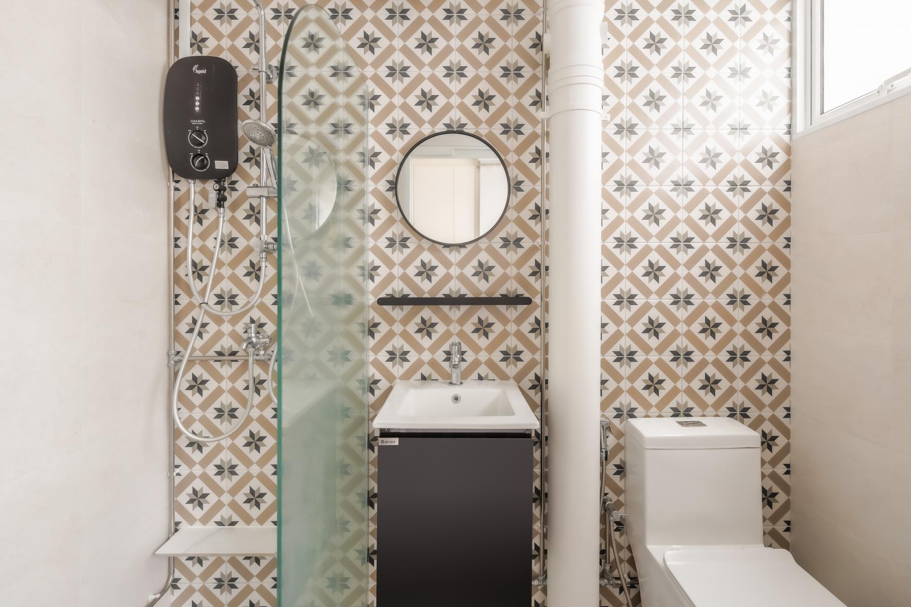 Scandinavian Bathroom with Homogeneous Tiles and Mirror