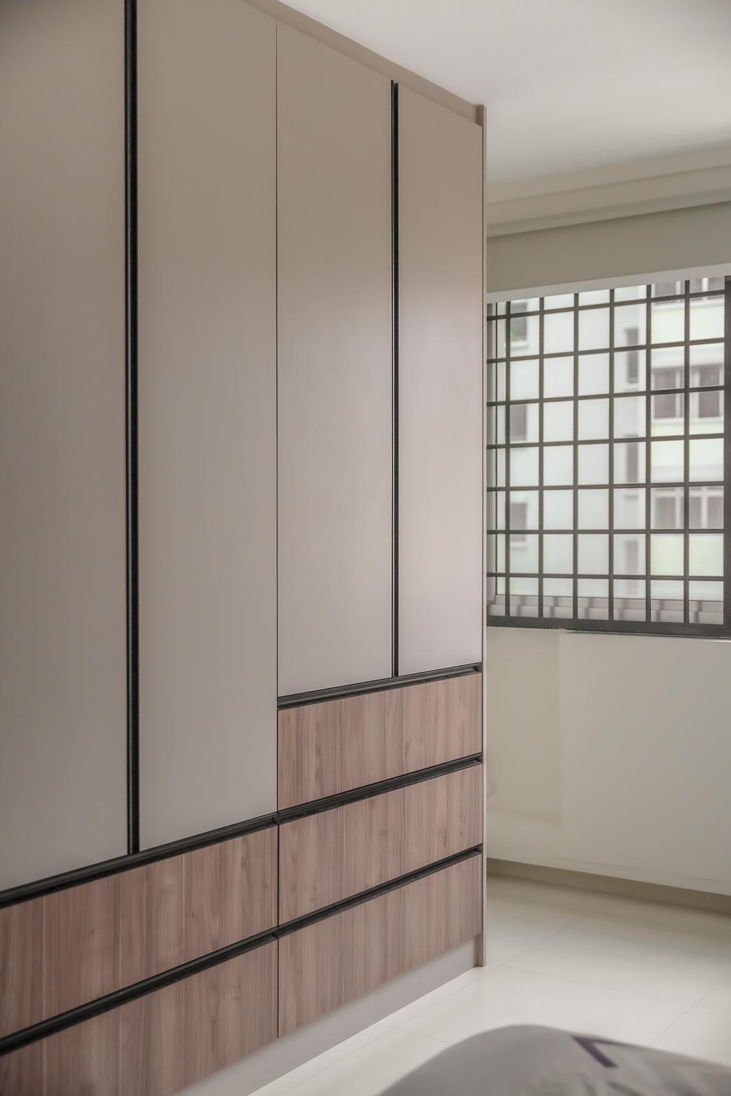 Scandinavian Living Room with Homogeneous Tiles and Wardrobe