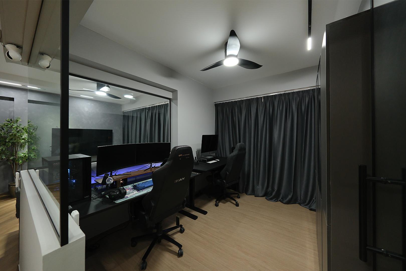 Minimalist Home Office with Wallpaper and Desk Chairs
